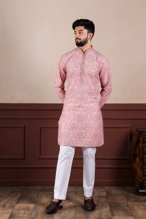 Pink Cotton Blend Kurta Pajama with Abstract Print