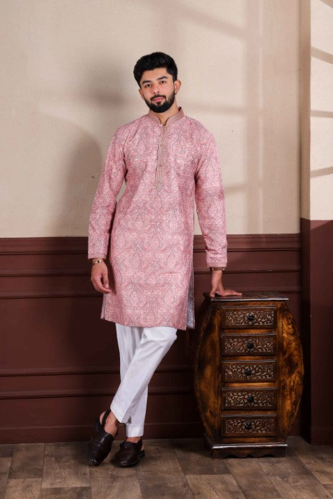 Pink Cotton Blend Kurta Pajama with Abstract Print