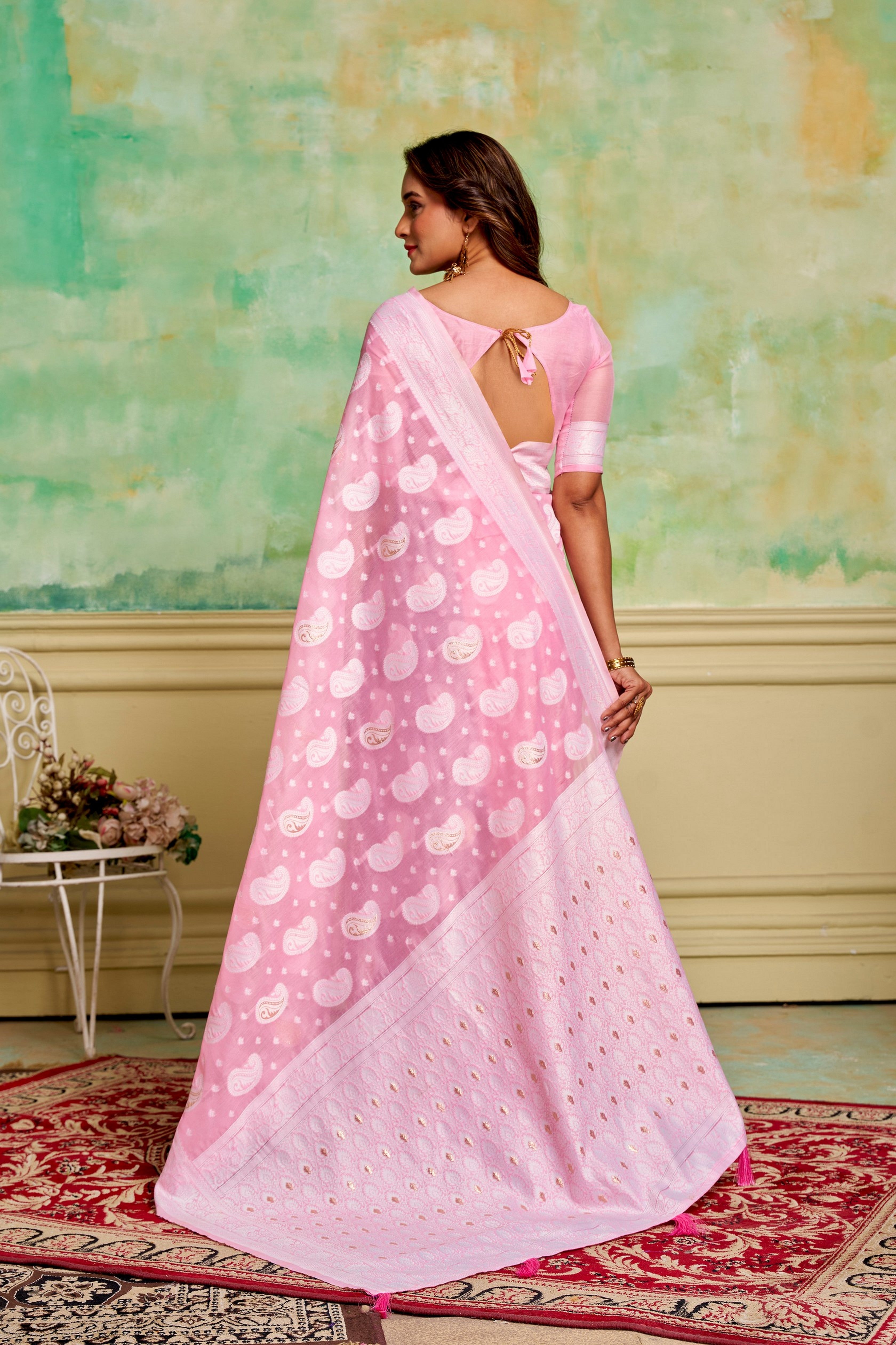Pink Cotton Fabric Woven Designer Ethnic Festive Wear Saree
