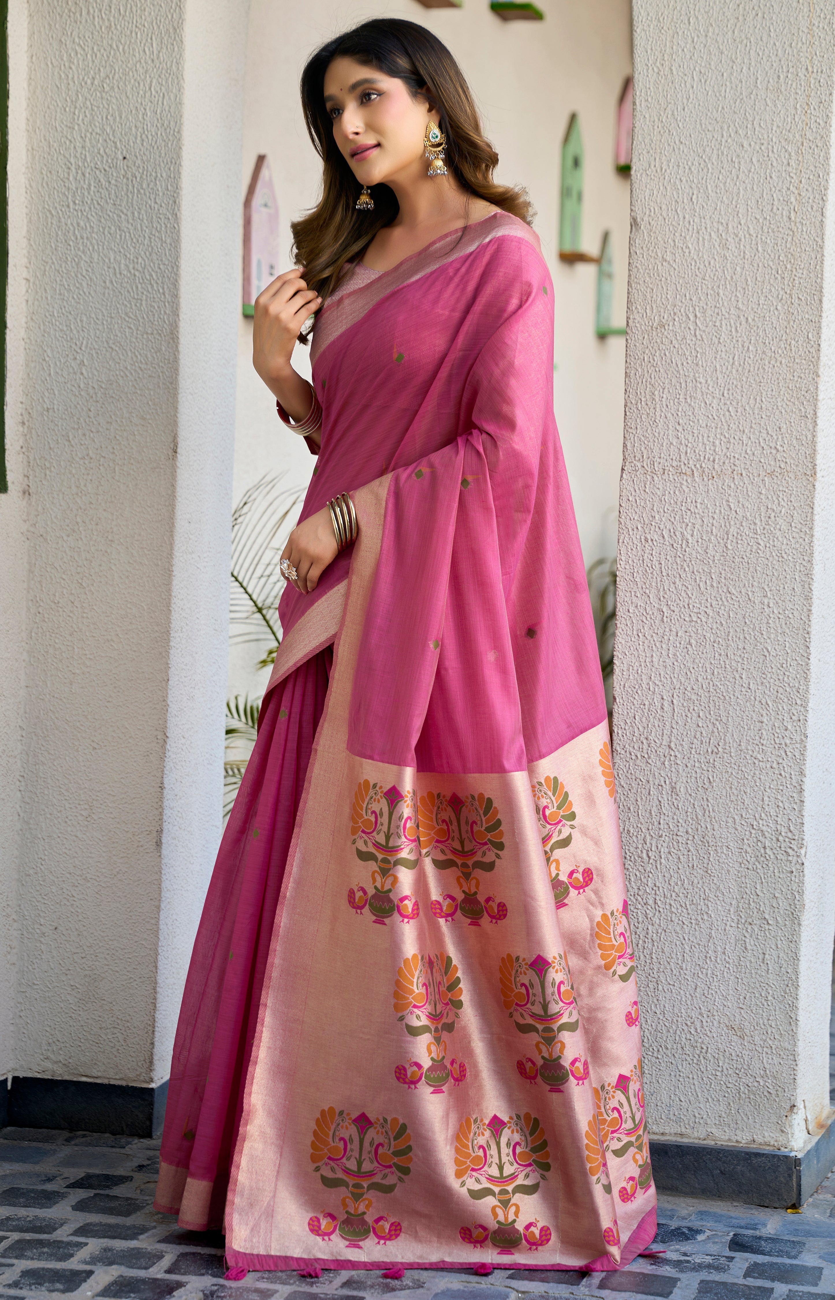 Pink Cotton Saree with Premium Jacquard Zari Border Design