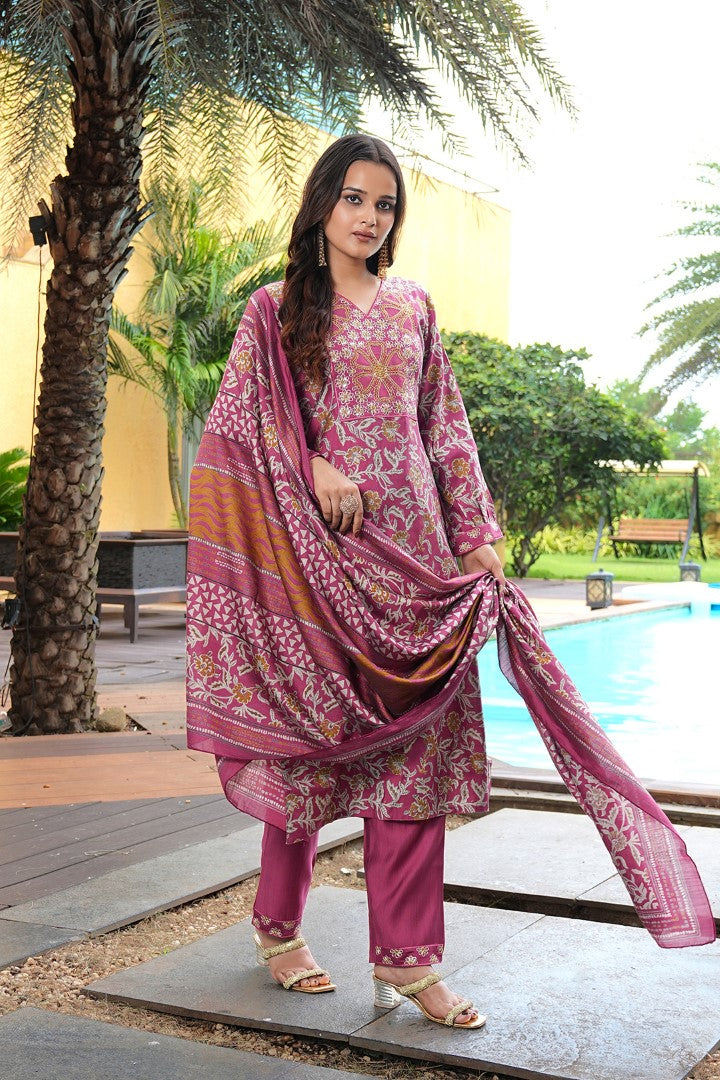 Pink Cotton Silk Designer Suit Set With Artisan Embroidery