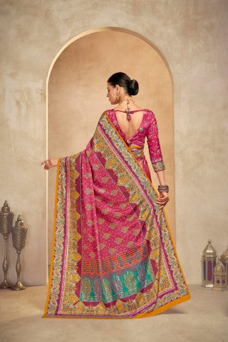 Pink Crepe Silk Position Digital Foil Printed Saree