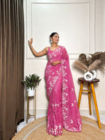 Pink Crunchy Ethnic Beautiful Embroidered Saree