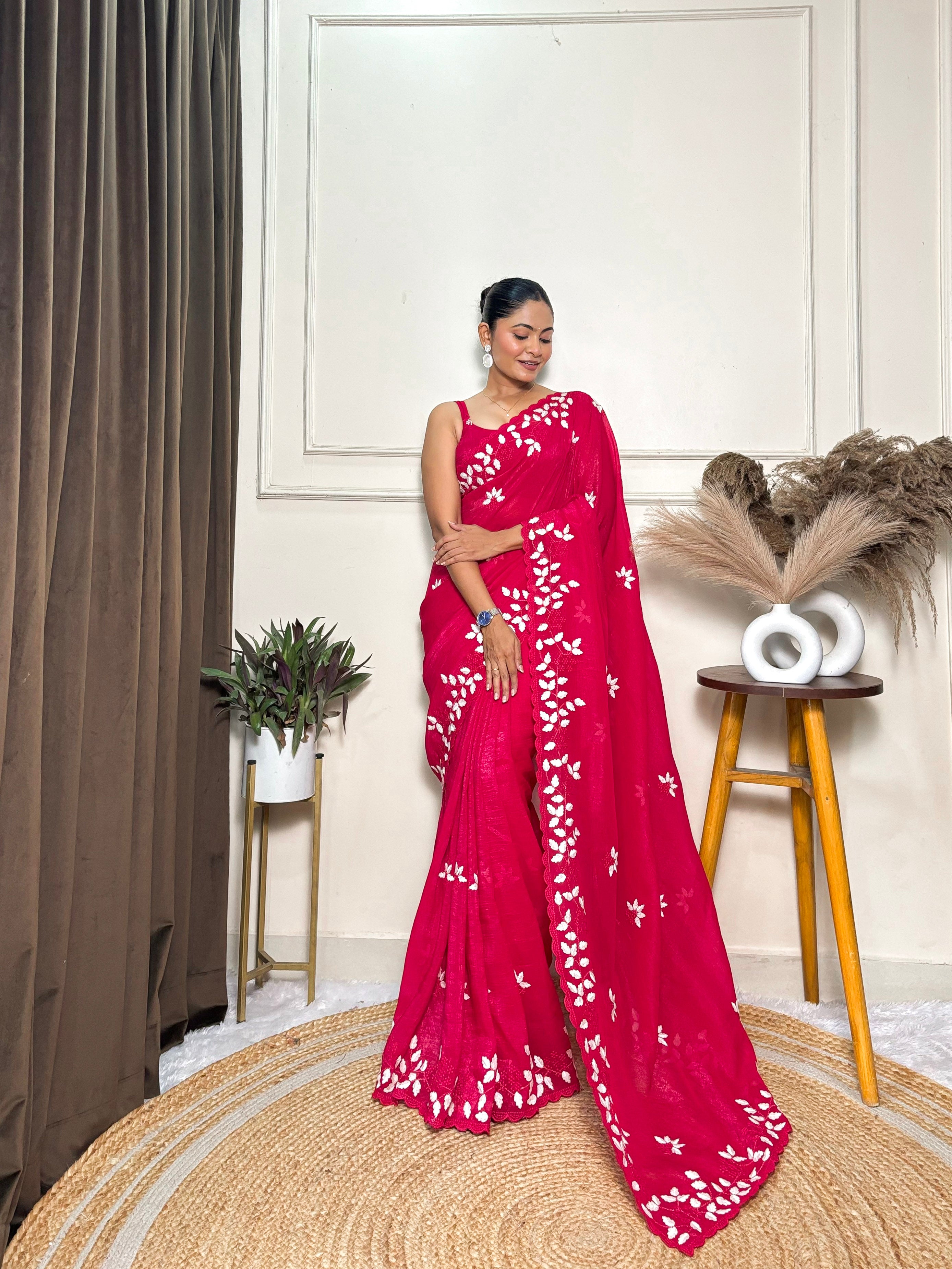 Pink Crunchy Ethnic Beautiful Embroidered Saree