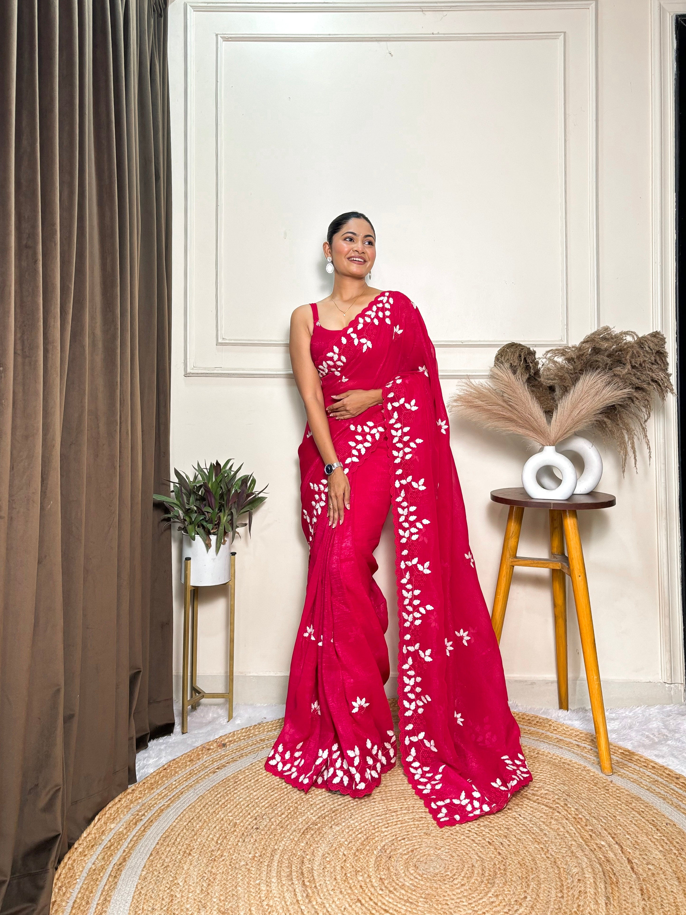 Pink Crunchy Ethnic Beautiful Embroidered Saree