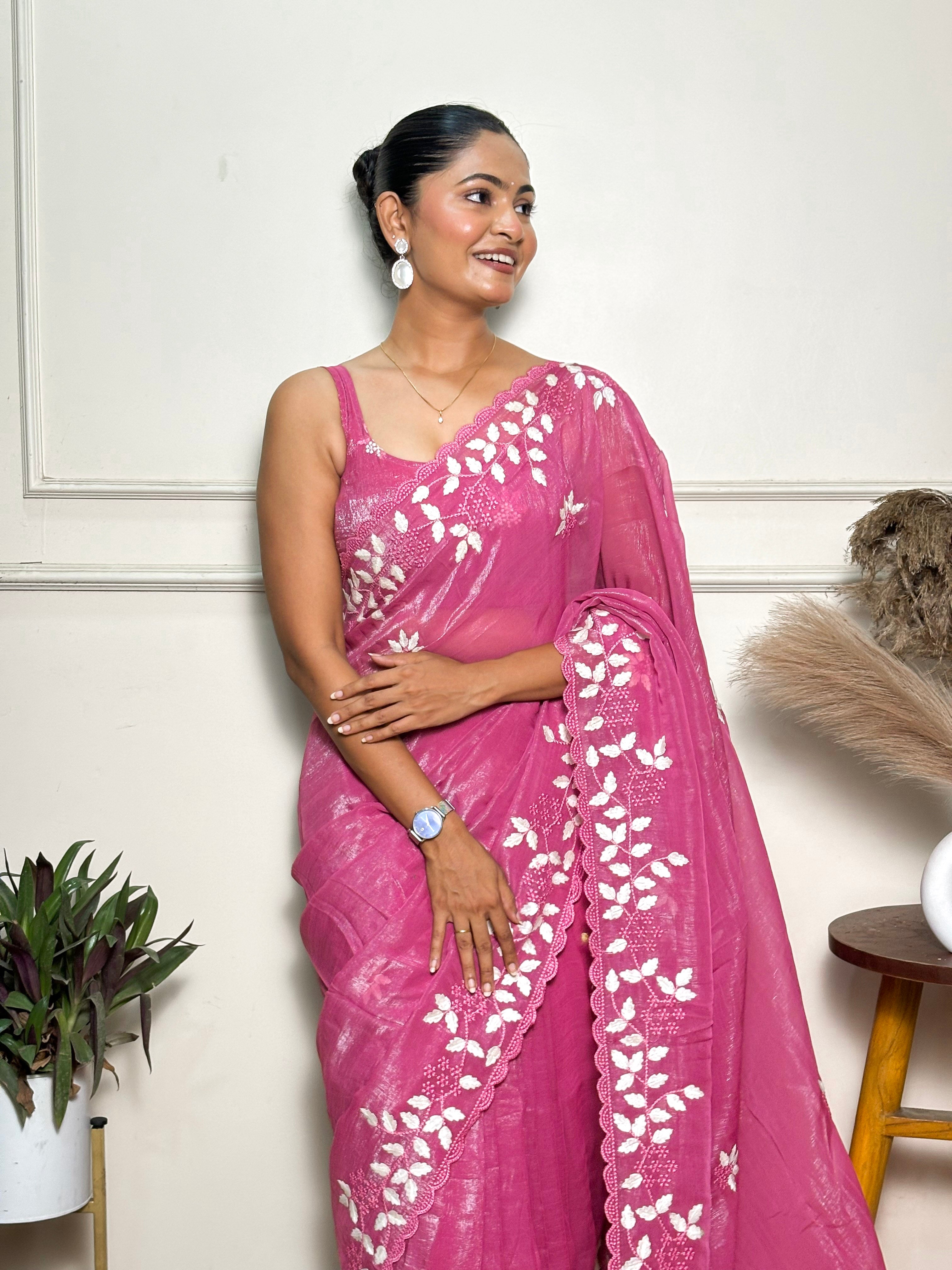 Pink Crunchy Ethnic Beautiful Embroidered Saree
