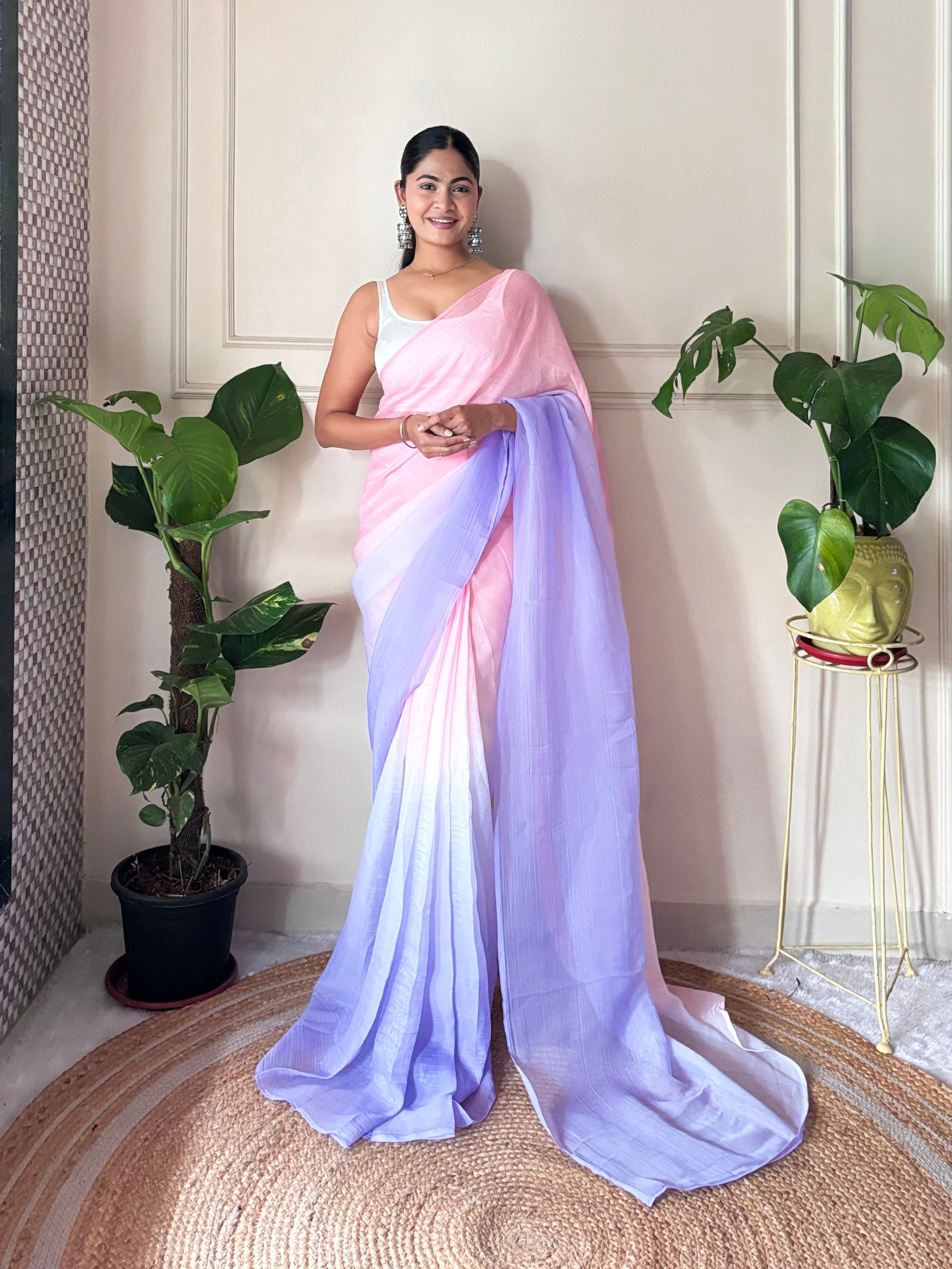 Pink Crunchy Pedding Solid Bollywood Style Ready To Wear Saree