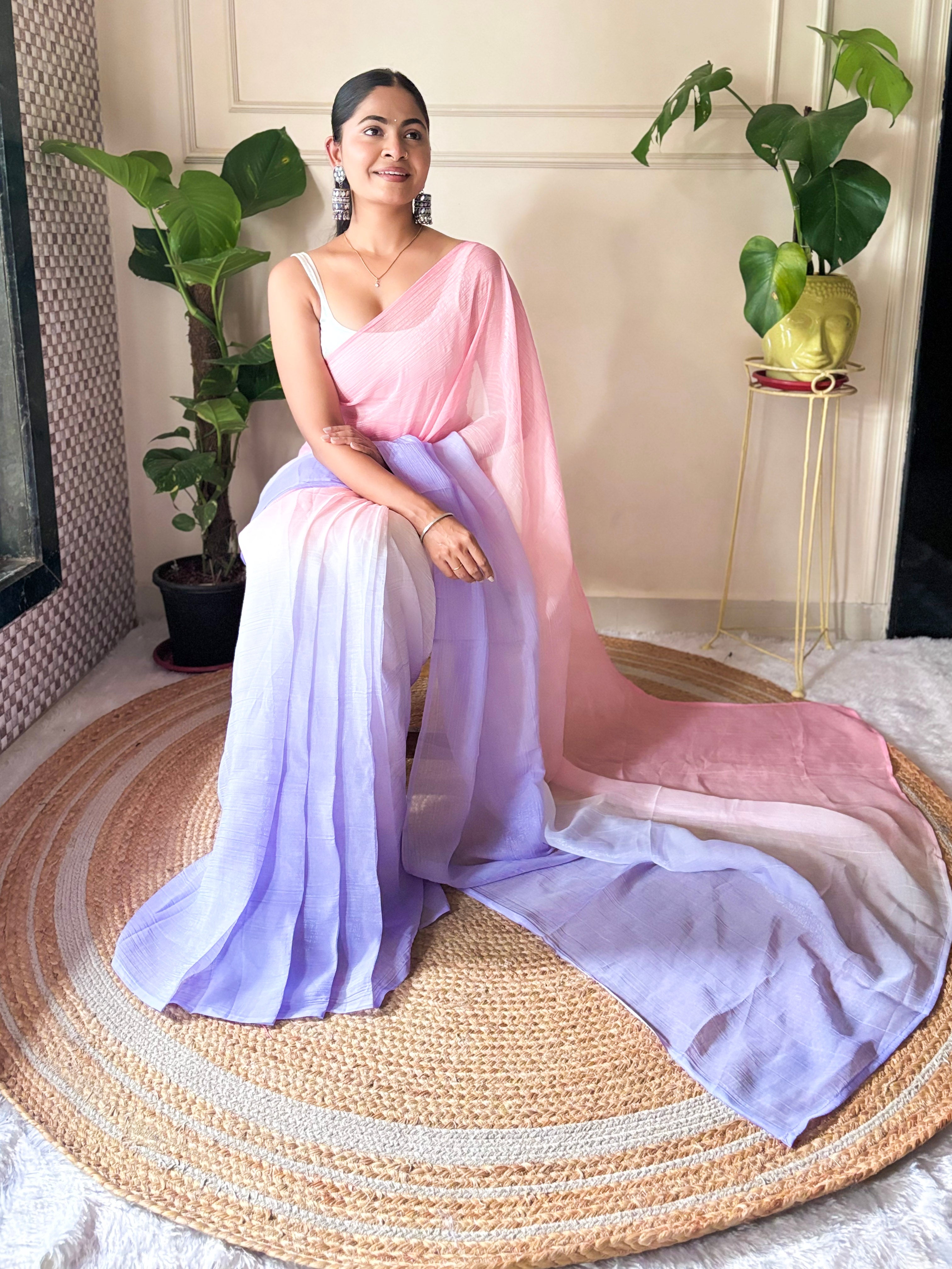 Pink Crunchy Pedding Solid Bollywood Style Ready To Wear Saree