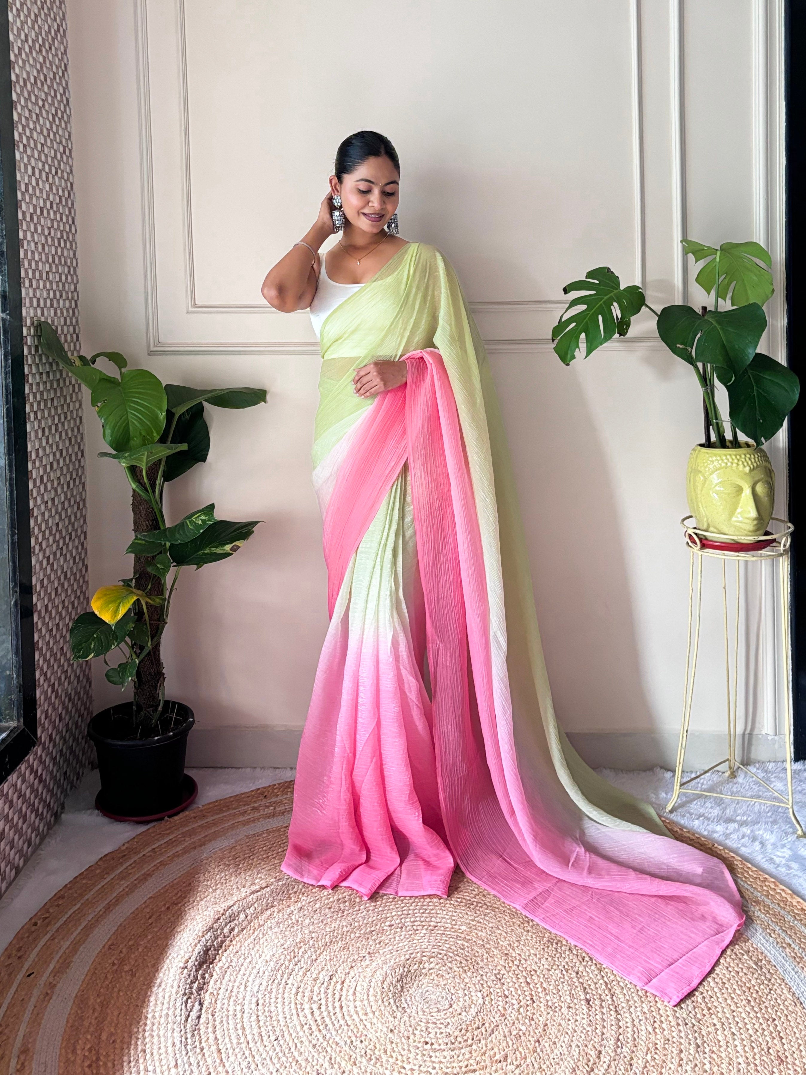 Pink Crunchy Pedding Solid Bollywood Style Ready To Wear Saree