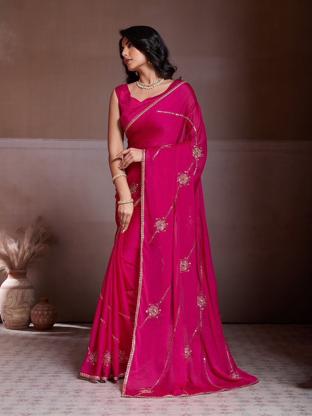 Pink Crush Silk Saree With Embroidery Elegant Designer Saree