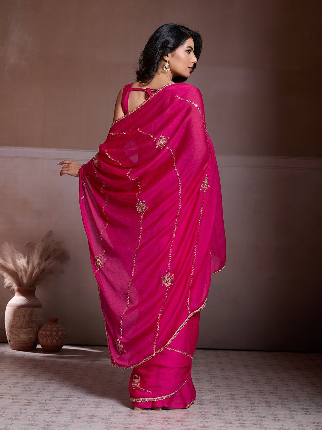 Pink Crush Silk Saree With Embroidery Elegant Designer Saree