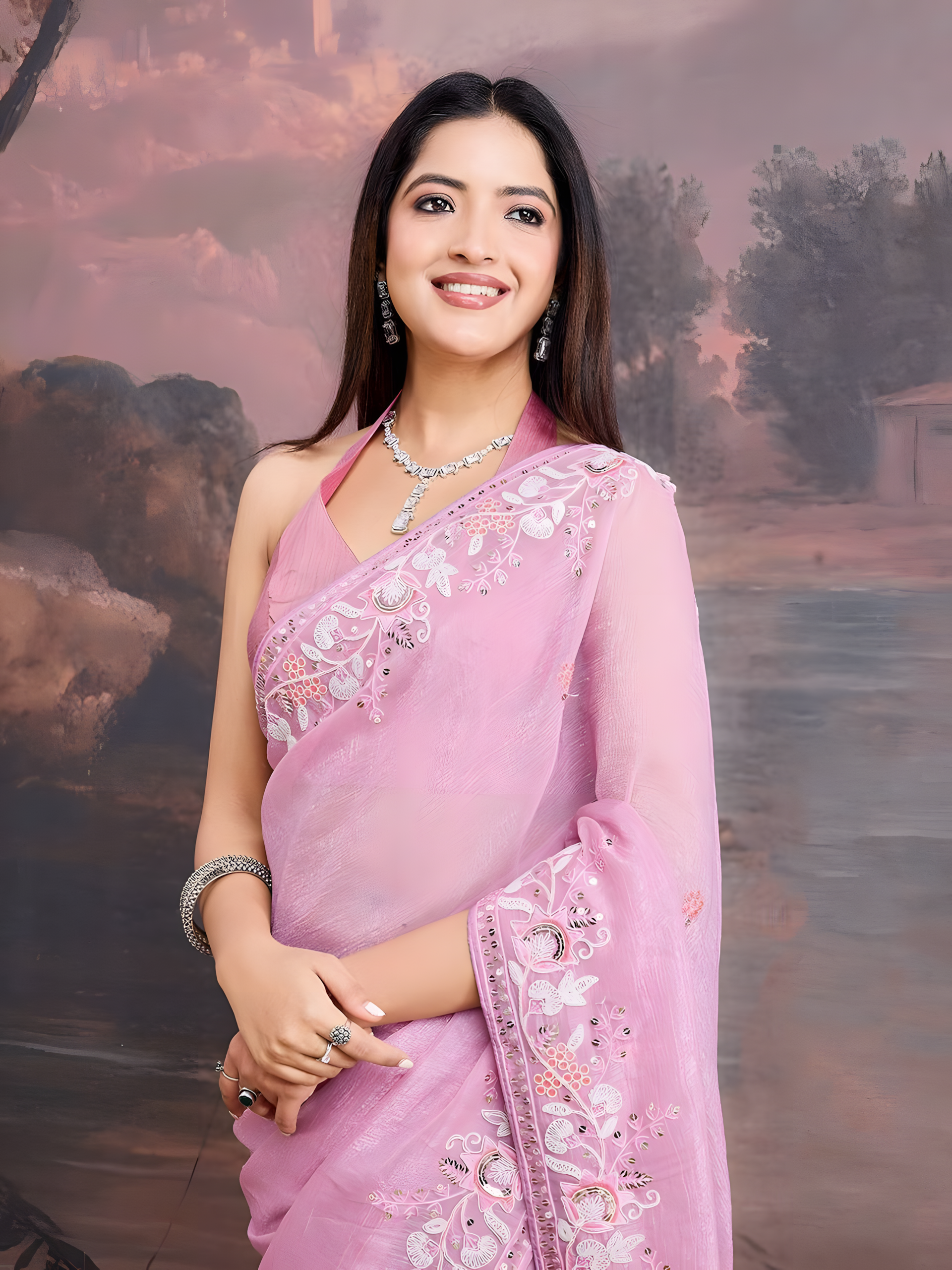 Pink Curnchy Soft Organza Saree with C Pallu Embroidery work border