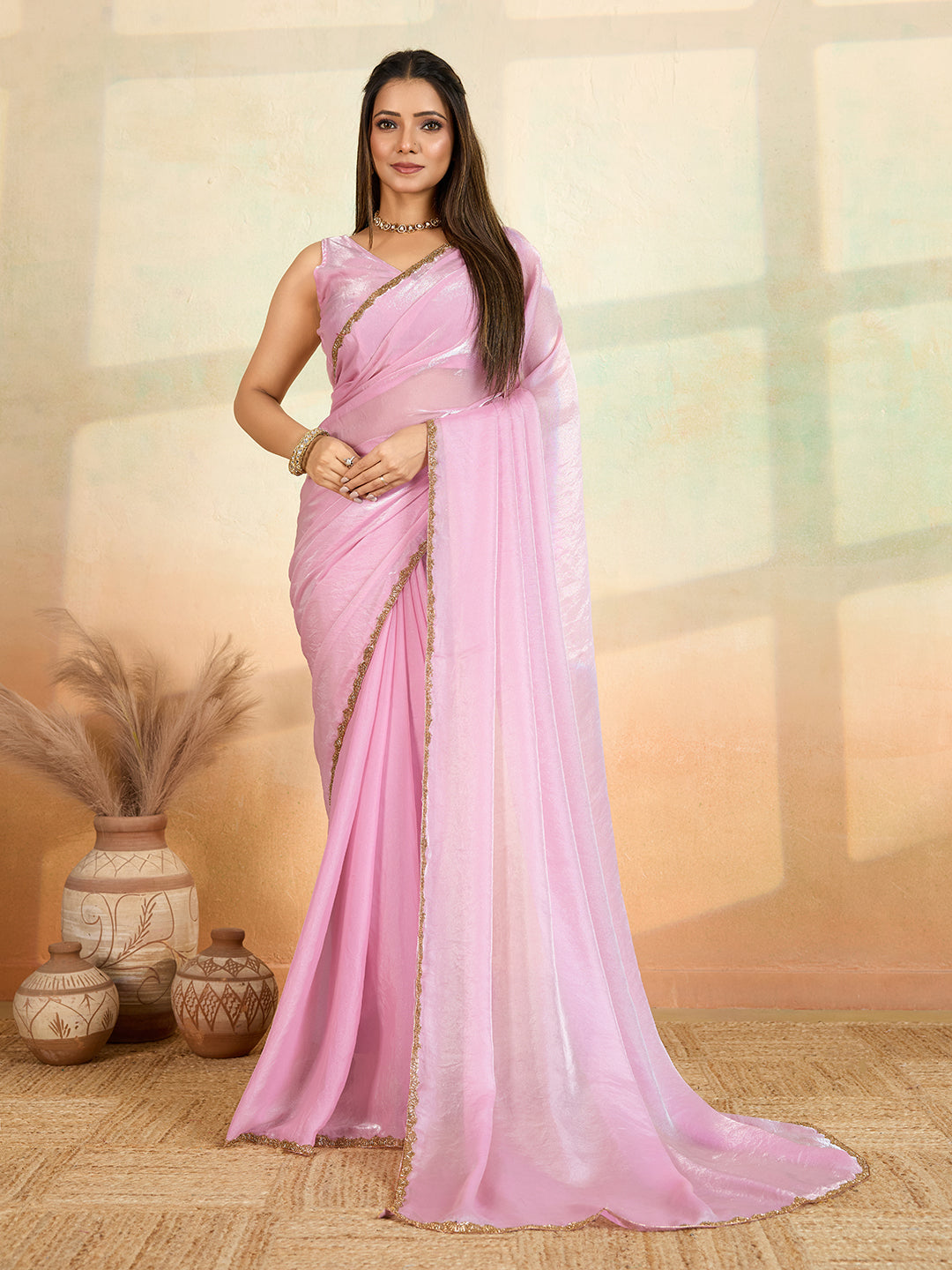 Pink Designer Beads Embroidery Work Fendy Satin Bollywood Style Saree
