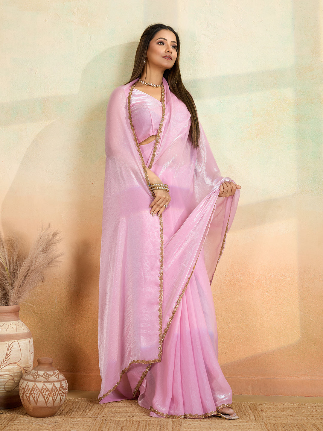 Pink Designer Beads Embroidery Work Fendy Satin Bollywood Style Saree