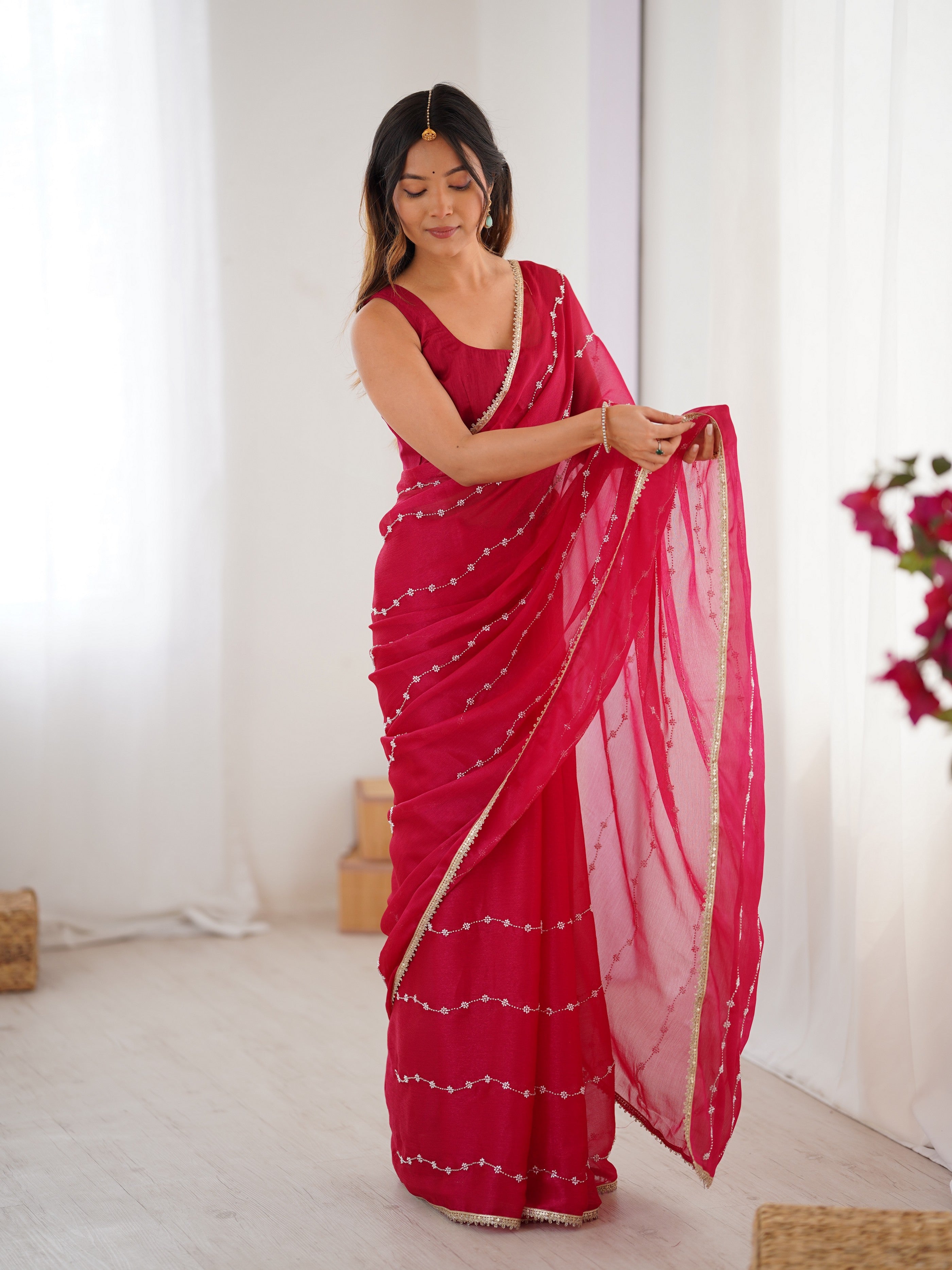Pink Designer Beads Work Sitara Chiffon Girlie Ceremonial Saree