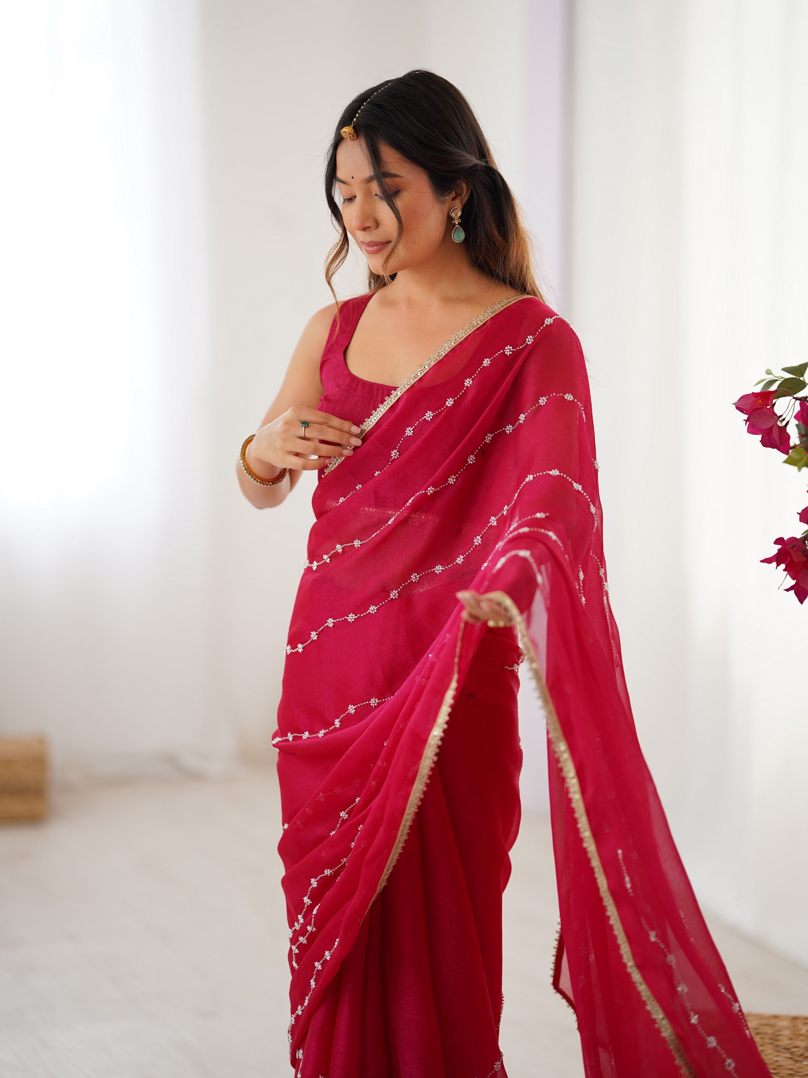 Pink Designer Beads Work Sitara Chiffon Girlie Ceremonial Saree