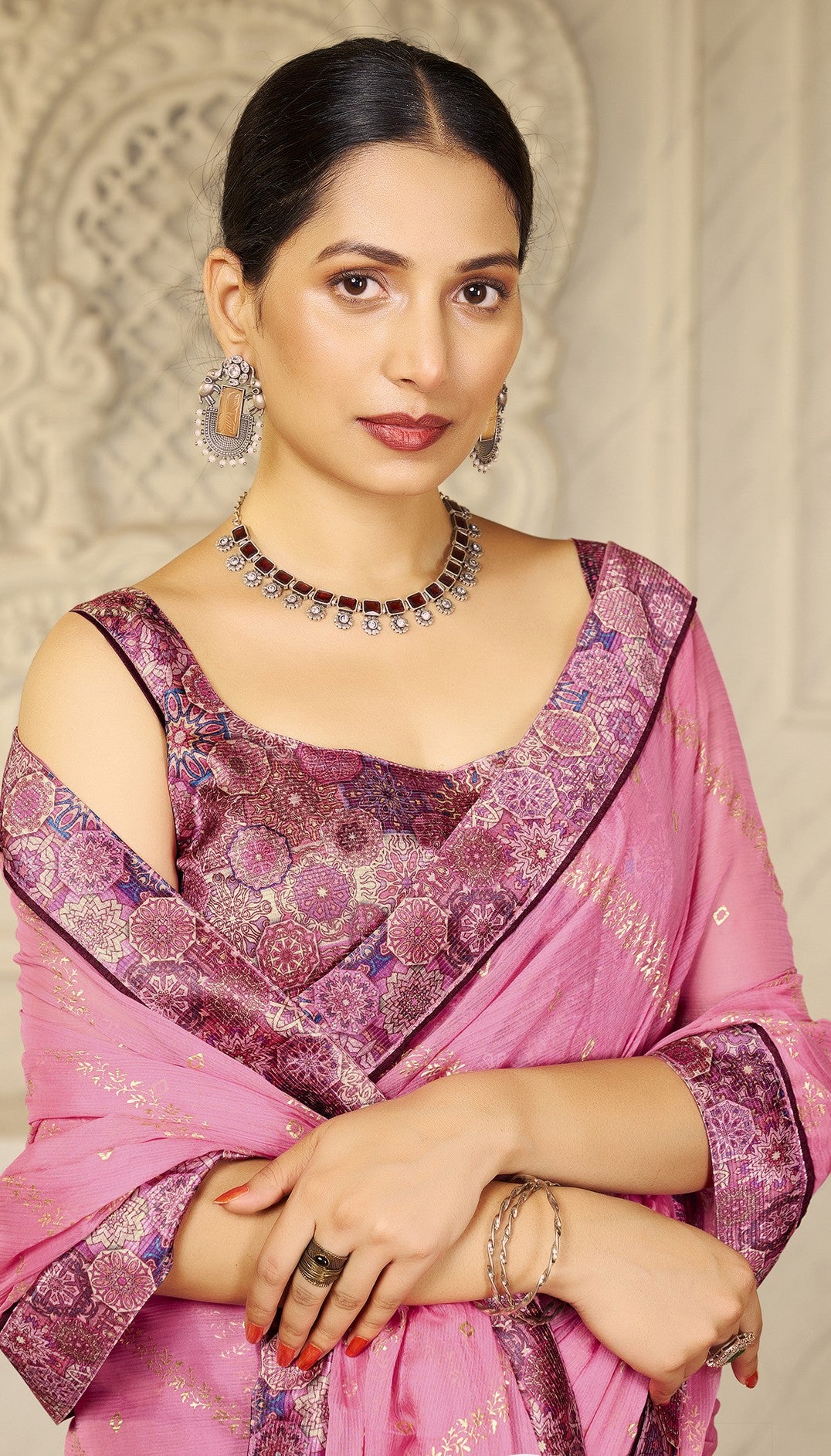 Pink Designer Digital Foil Printed Bollywood Style Chiffon Saree