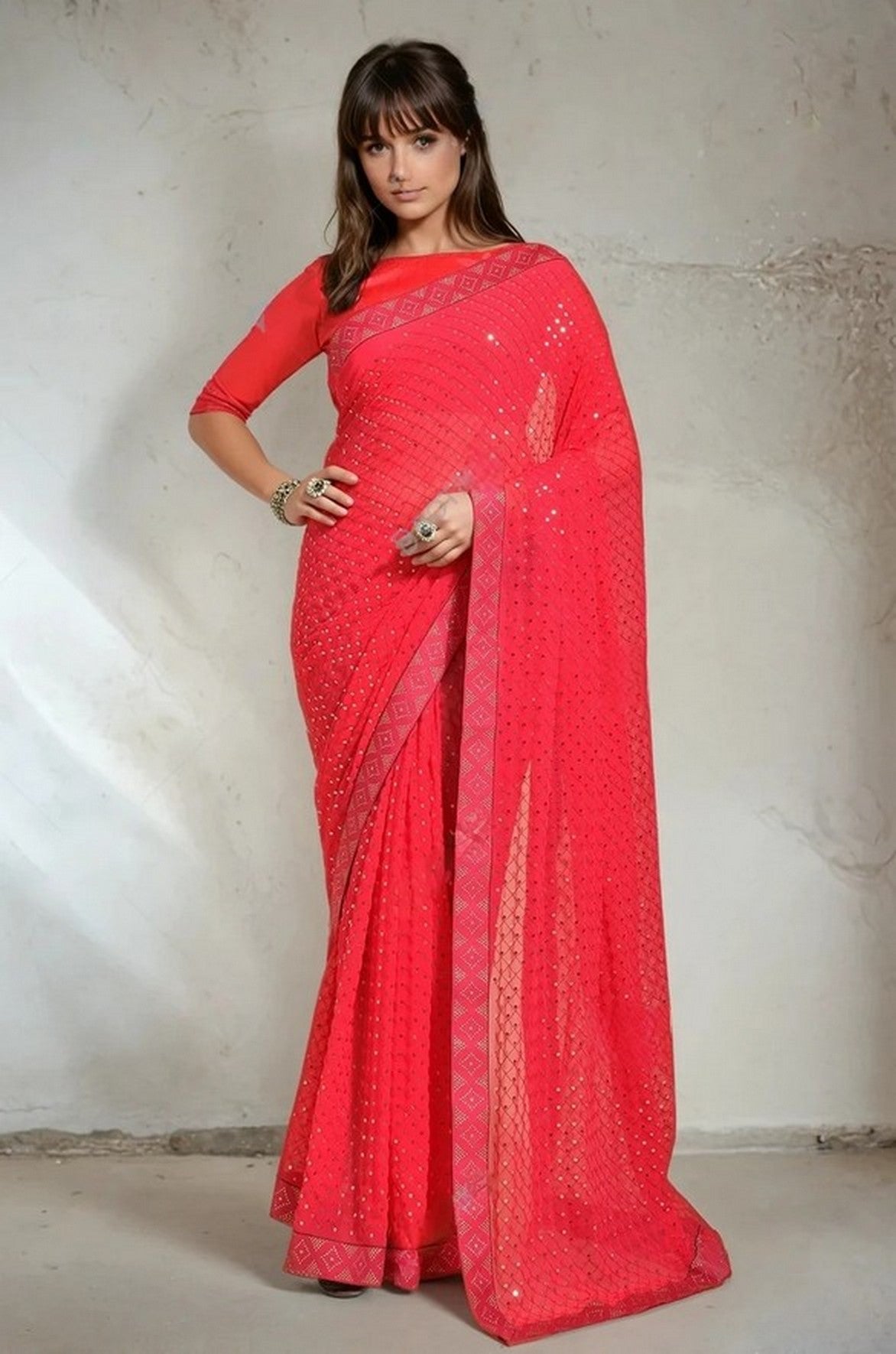 Pink Designer Sequins Embroidery Work Georgette Saree