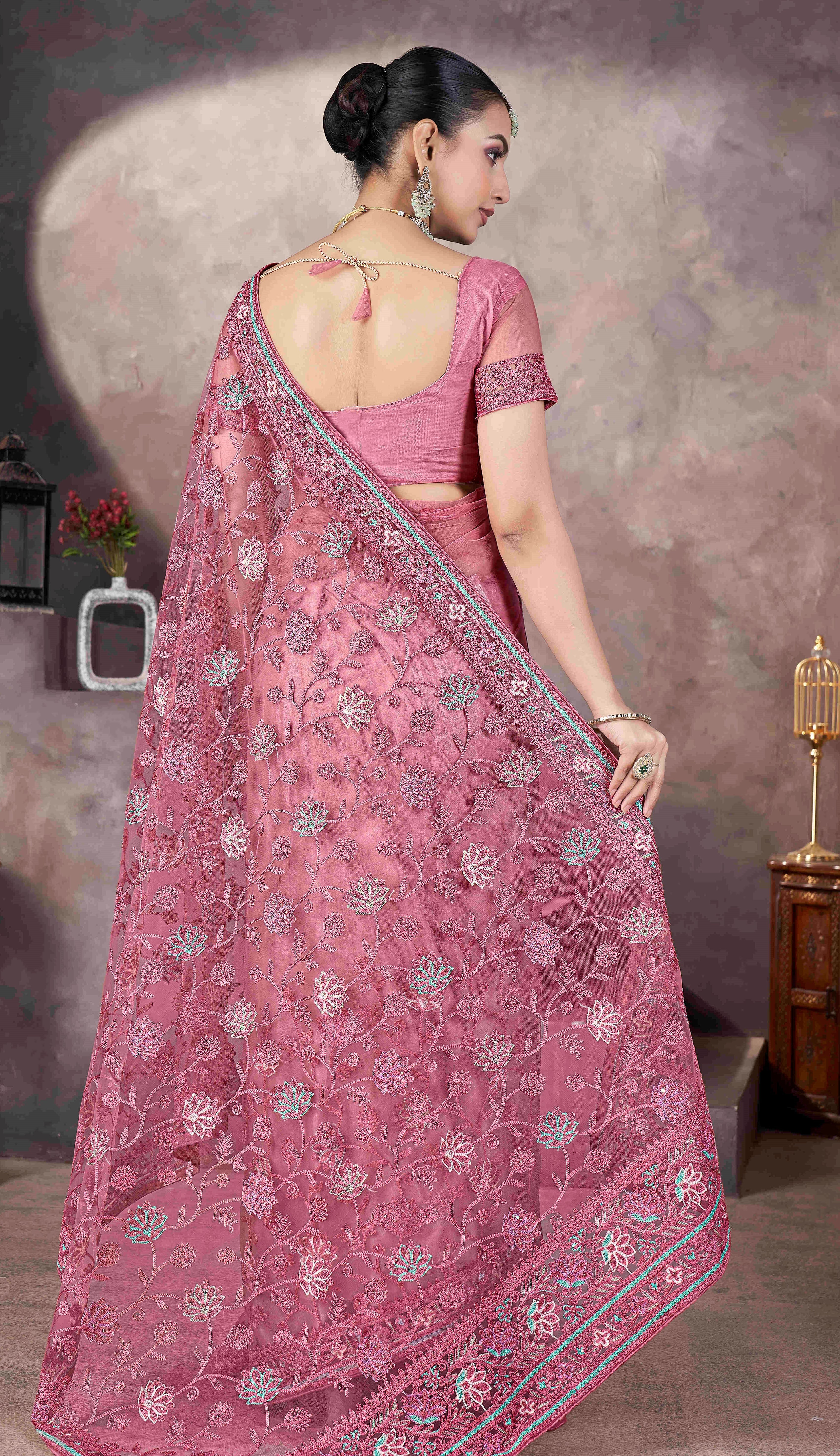 Pink Designer Thread Embroidery Work Butterfly Net Ceremonial Saree