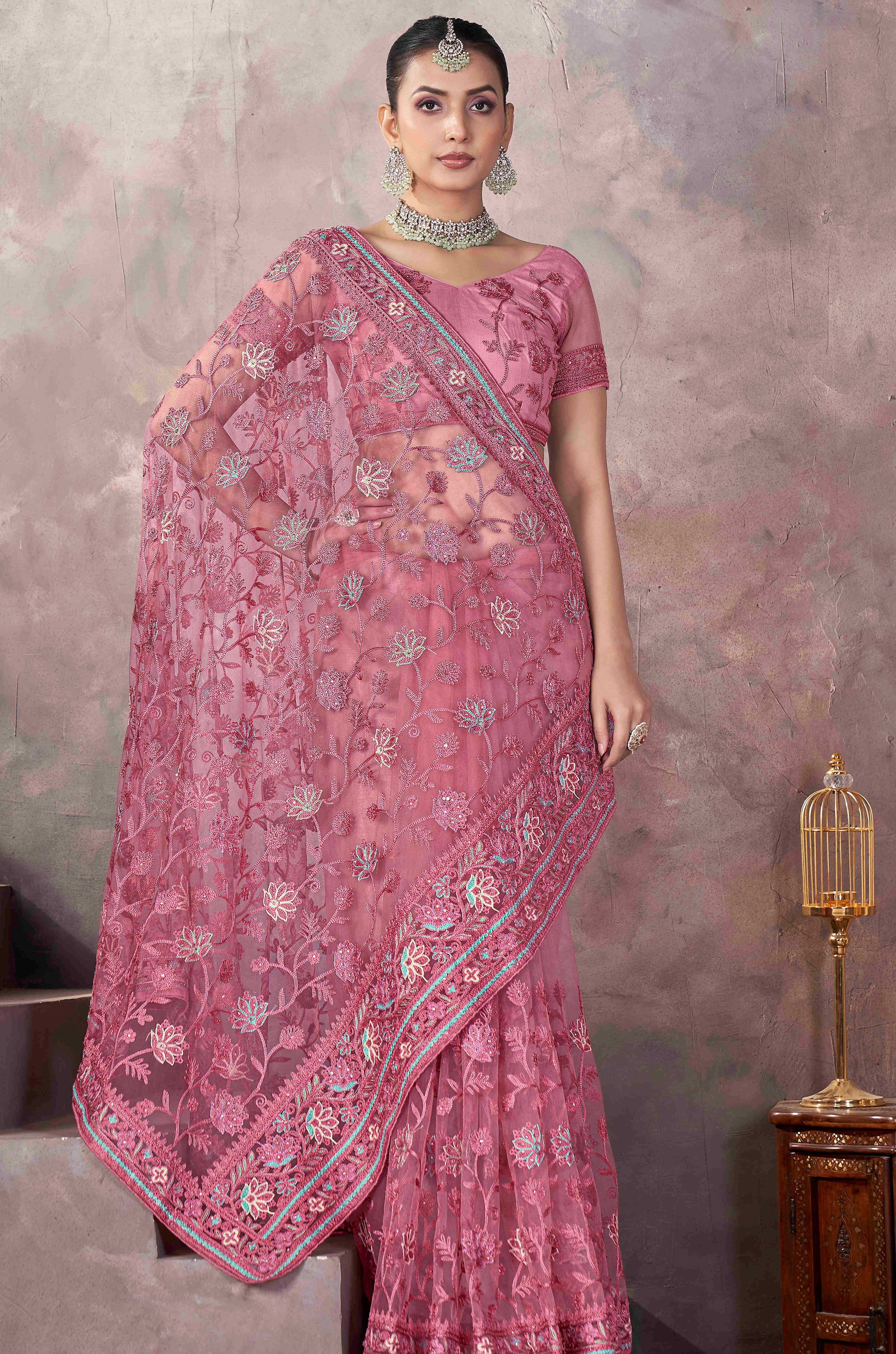 Pink Designer Thread Embroidery Work Butterfly Net Ceremonial Saree