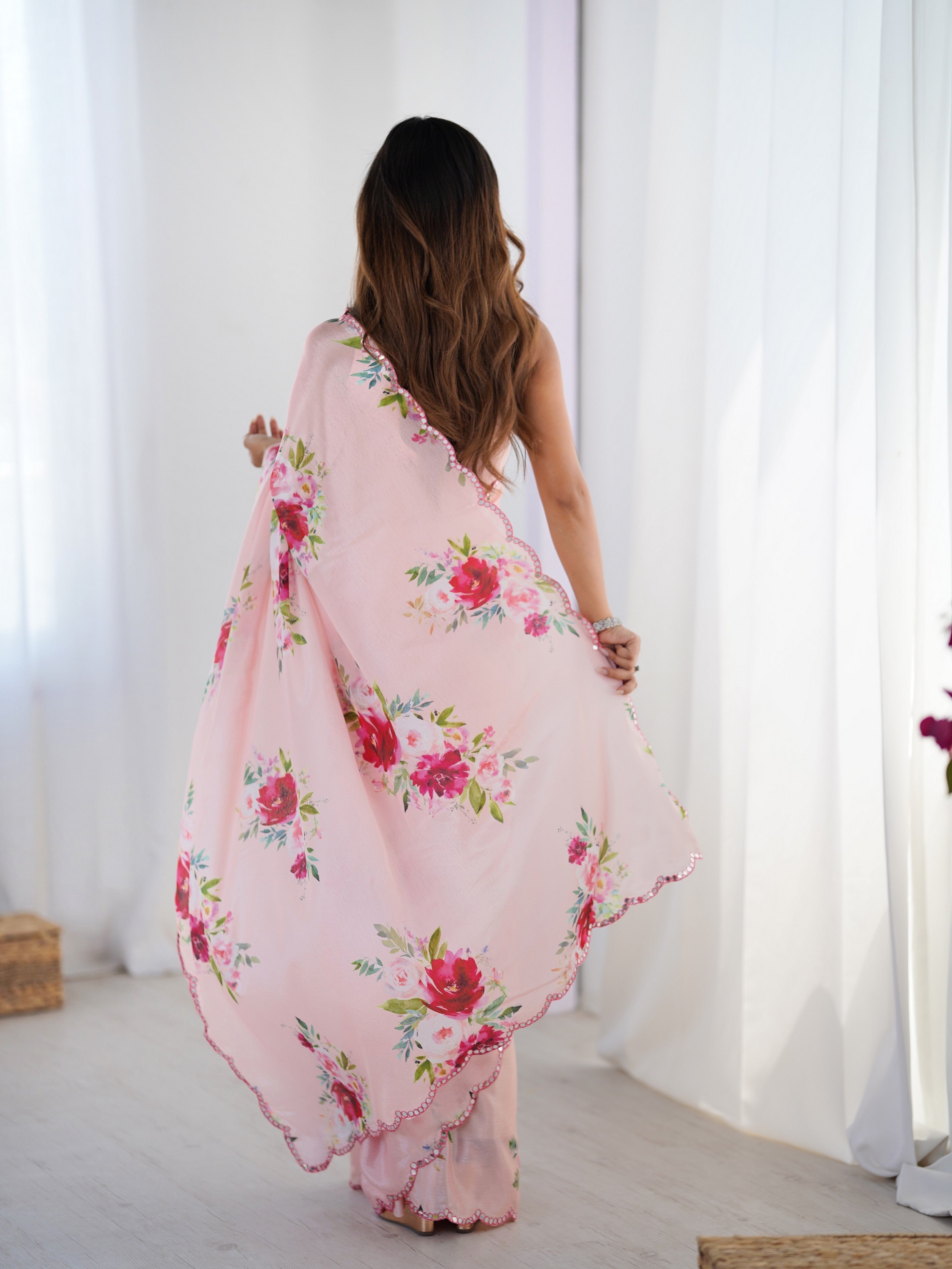 Pink Digital Printed Stylish Chinon Fanbric Glamorous Partywear Saree