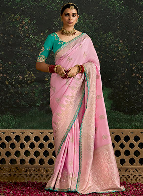 Pink Dola Silk Saree With  Jacquard Woven with Embroidered Lace Border