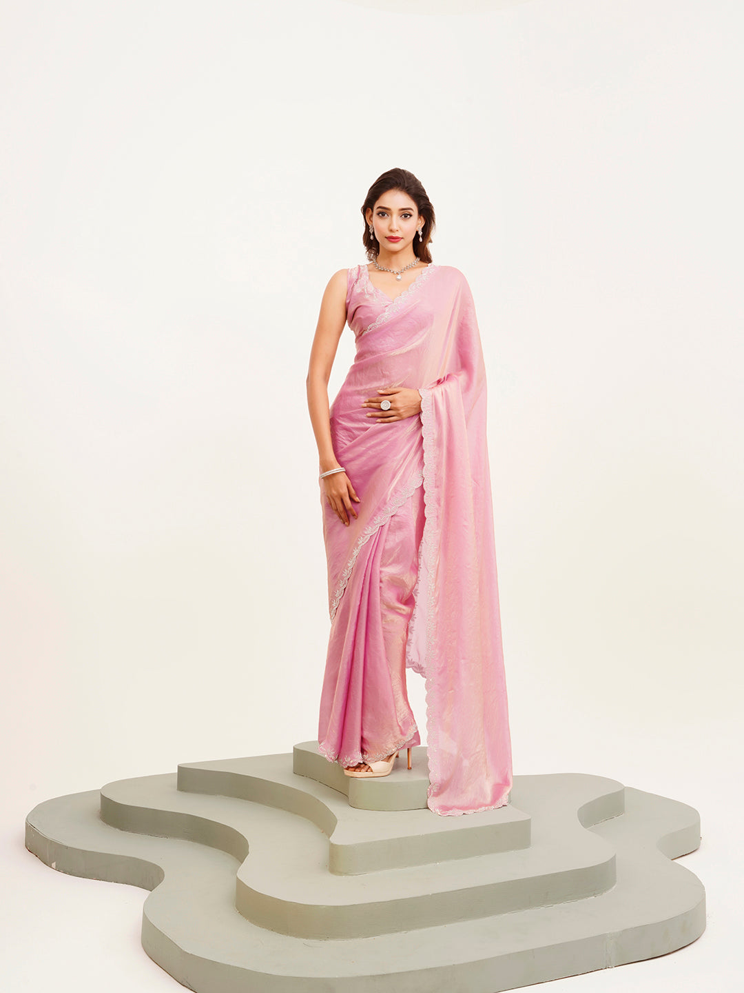 Pink Embellished Beads And Stones Silk Saree For Beautiful Partywear Saree