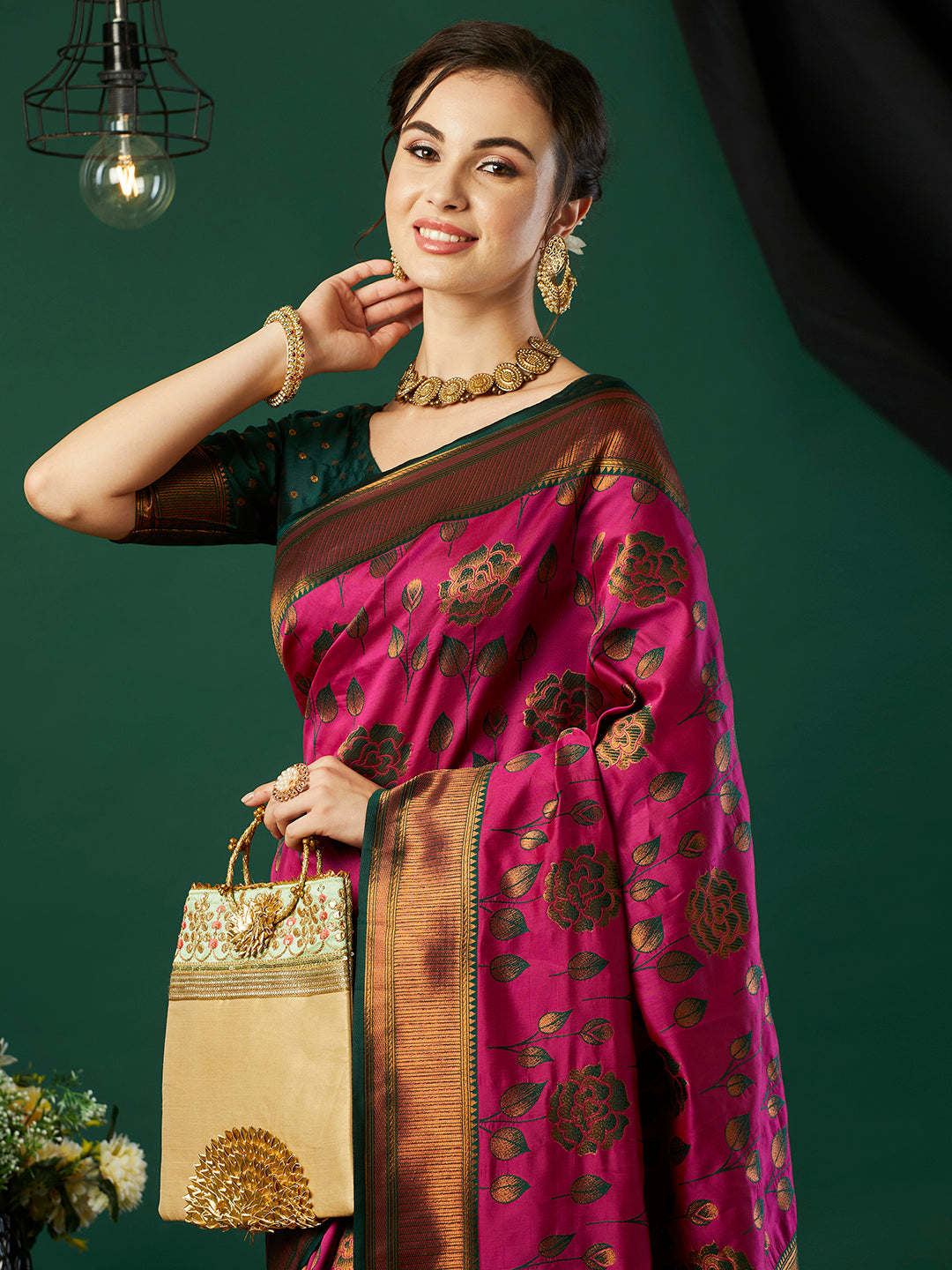 Pink Ethnic Banarasi Silk Saree With Floral Woven Designer Looks