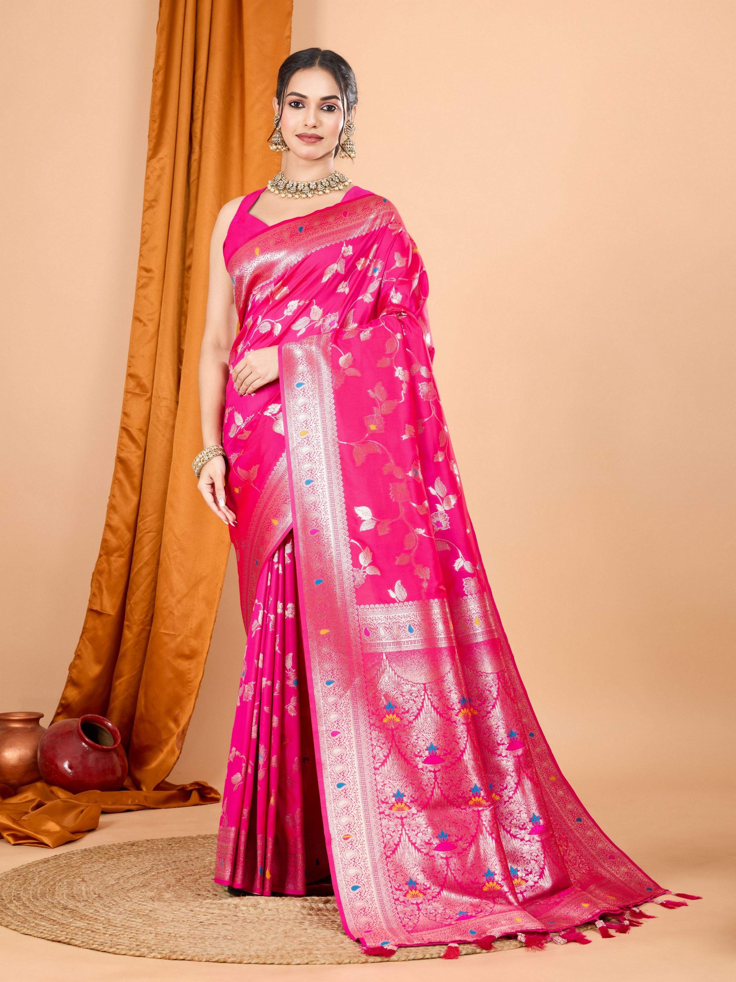 Pink Ethnic Banarasi Silk Saree With Woven Jari Designer Work