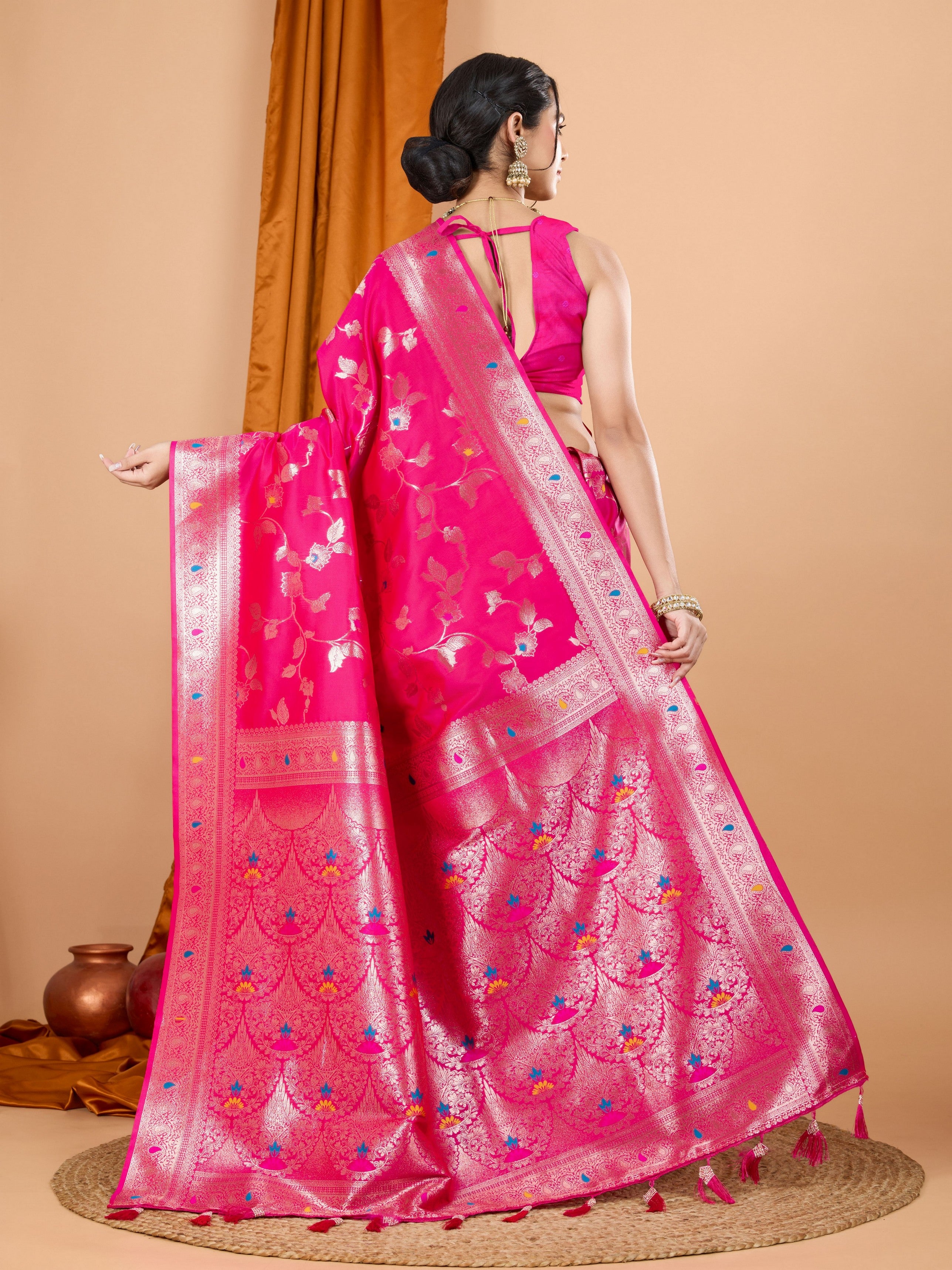 Pink Ethnic Banarasi Silk Saree With Woven Jari Designer Work