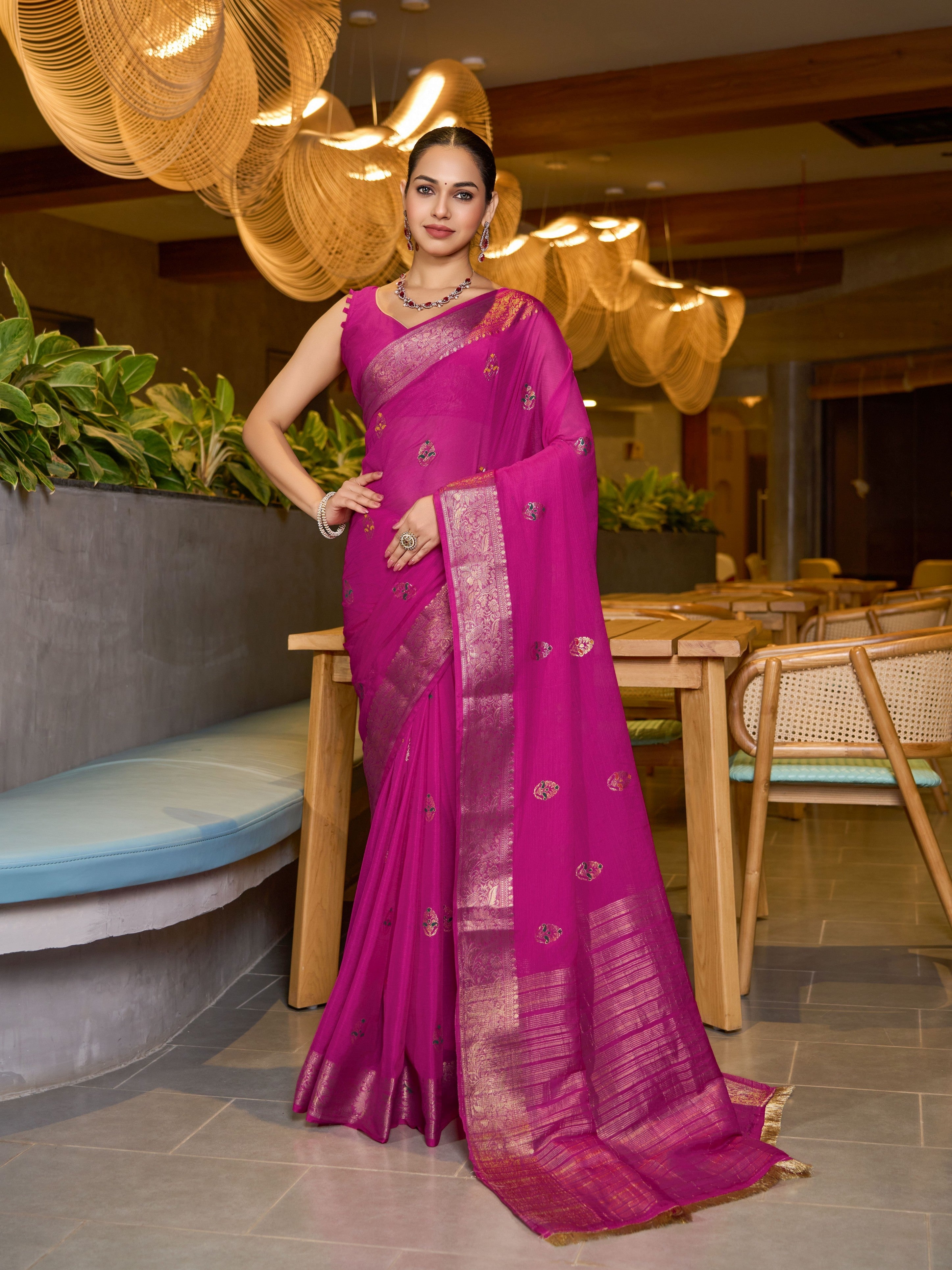 Pink Ethnic Chinon Woven Designer Partywear Saree