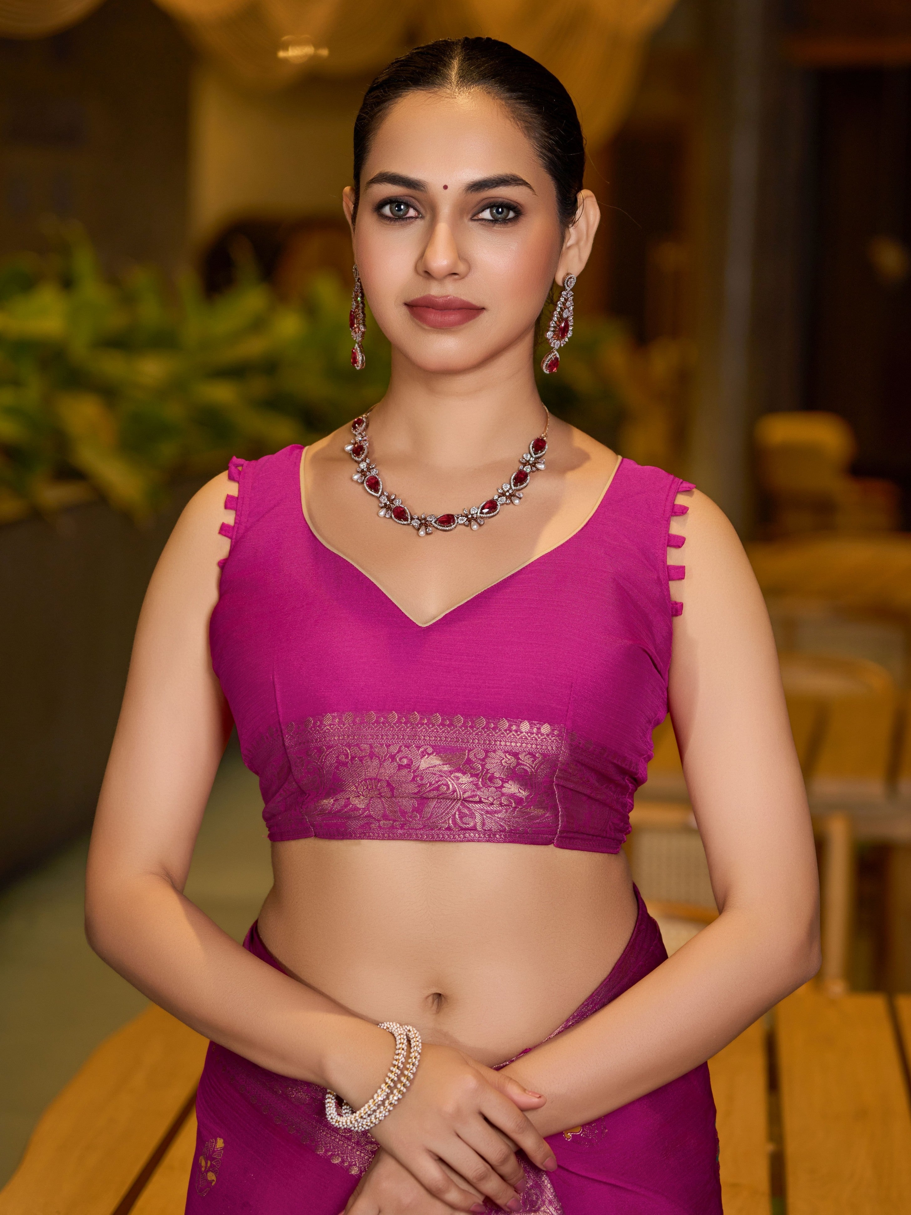 Pink Ethnic Chinon Woven Designer Partywear Saree