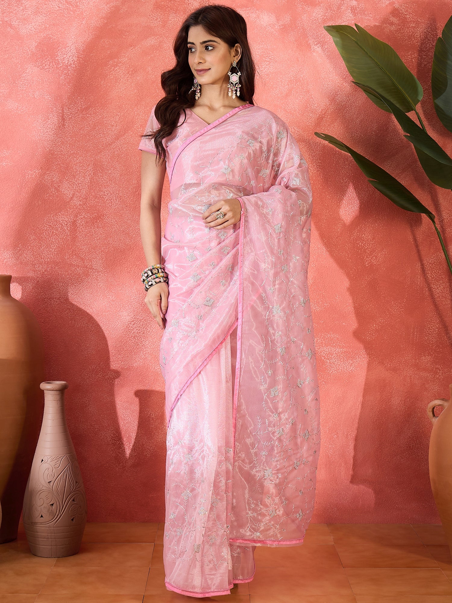 Pink Fancy Twill Net Sequins Embroidery Work Ceremonial Saree