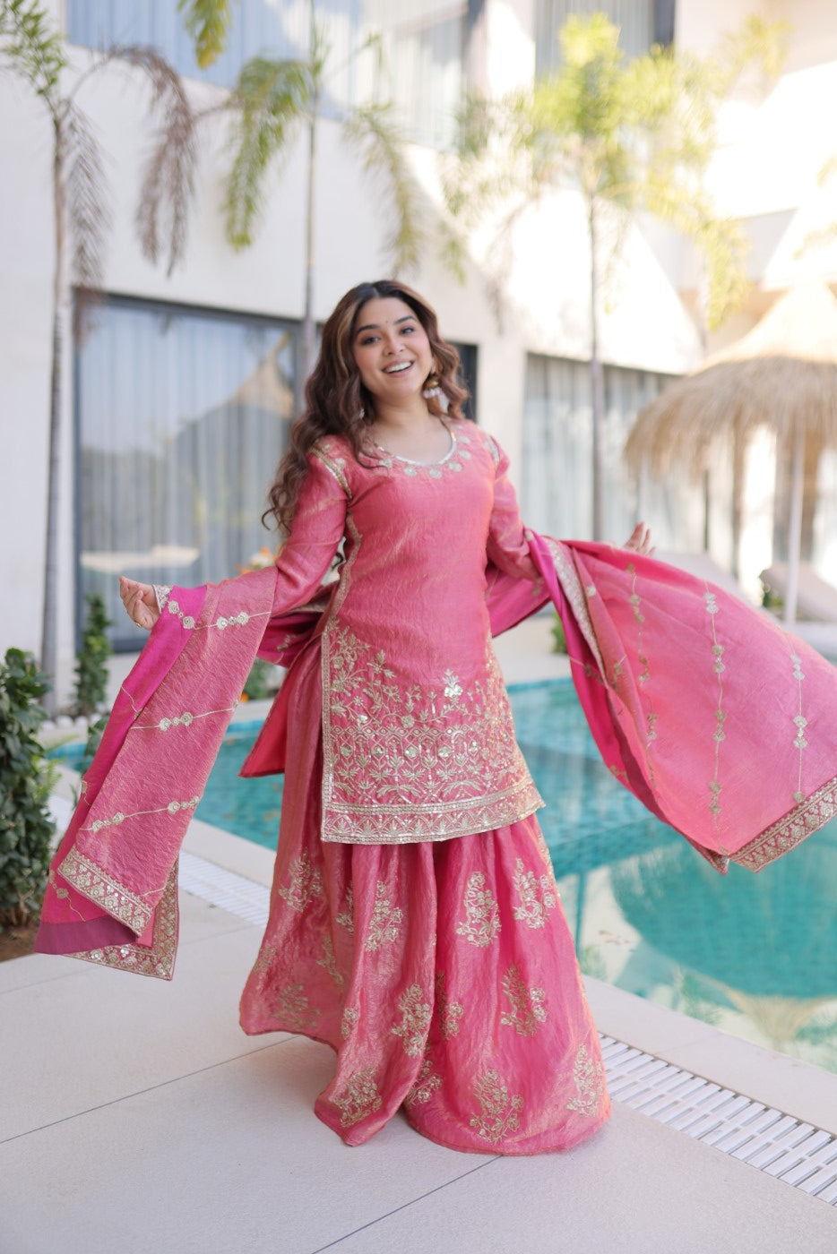 Pink Fendi Crush Designer Suit Set With Zari & Sequin Embroidery
