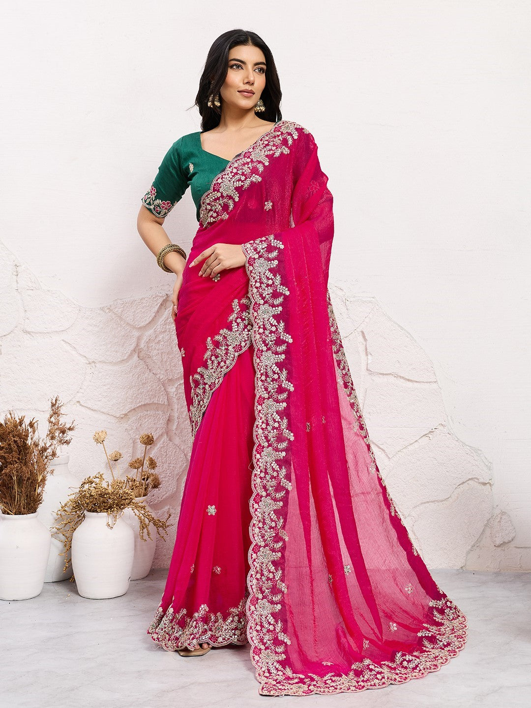 Pink Fendy Chiffon Saree With Embroidery Elegant Premium Saree