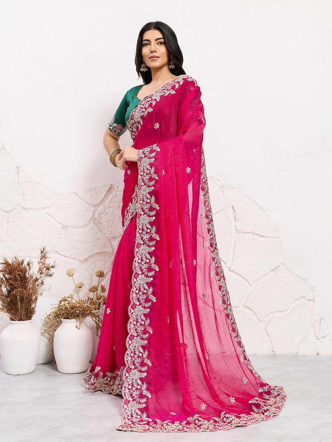 Pink Fendy Chiffon Saree With Embroidery Elegant Premium Saree