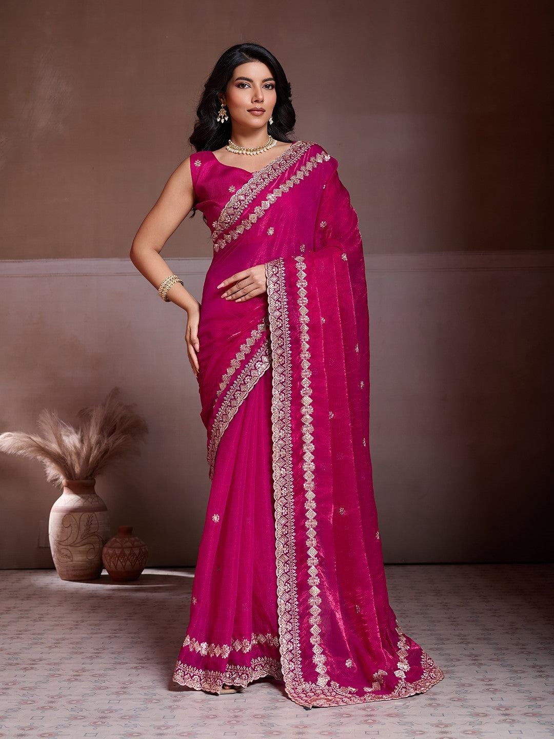Pink Fendy Chiffon Saree With Embroidery Festive Premium Saree