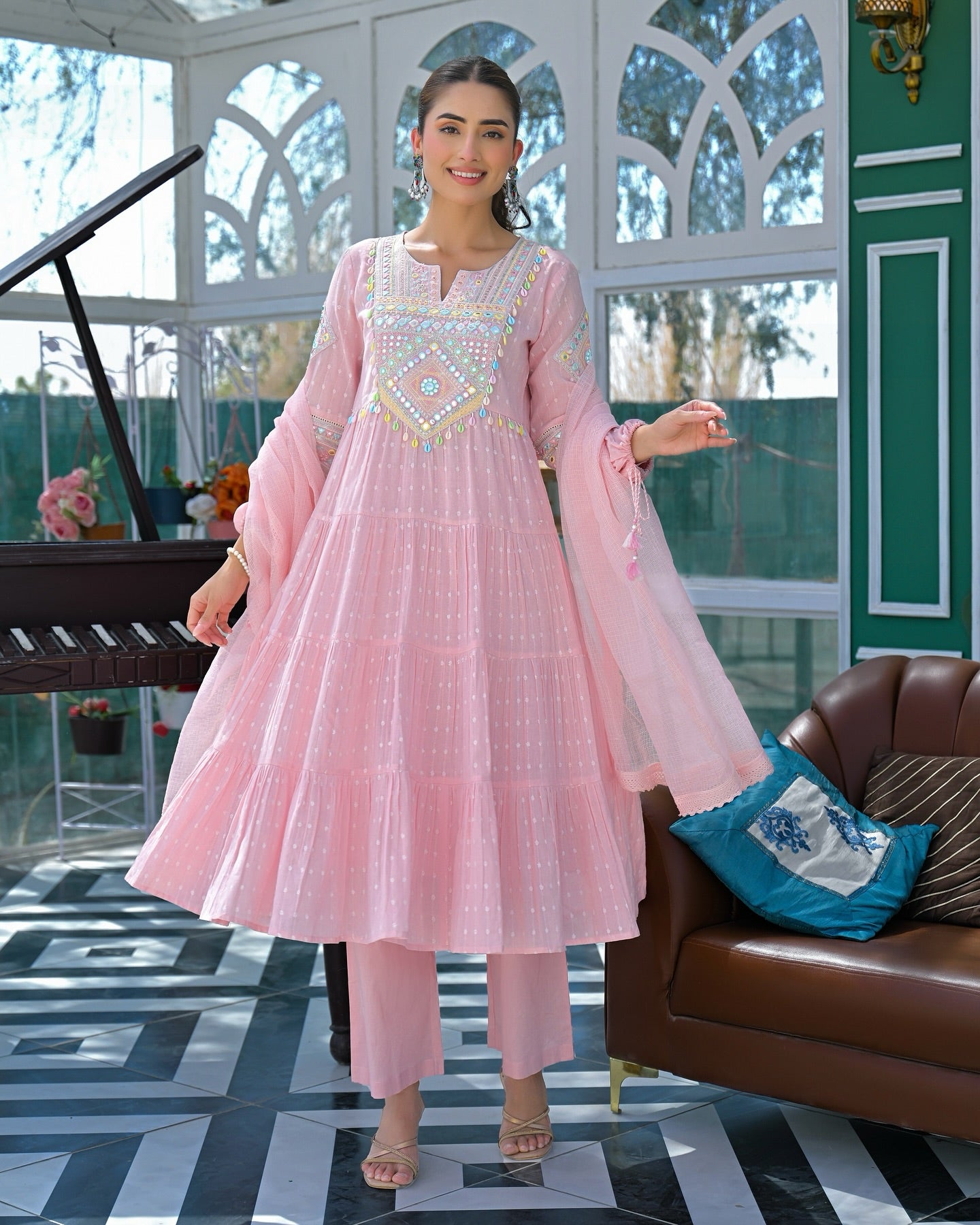 Pink Flex Butti Cotton Kurta Pant Set With Heavy Thread Embroidery Work With Hand Kodi Lace