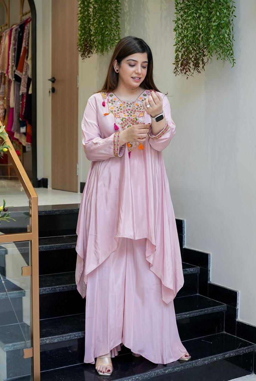 Pink French Crepe Co-Ord Set With Heavy Thread Embroidery Work