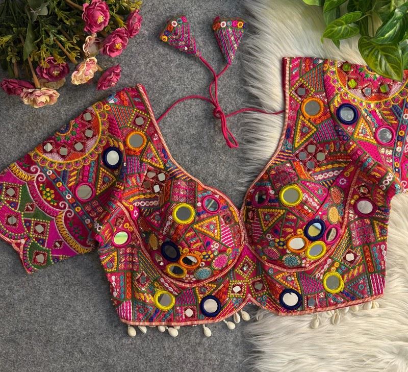 Pink Gamthi Navratri Blouse with Sweetheart Neck  Mirror Work