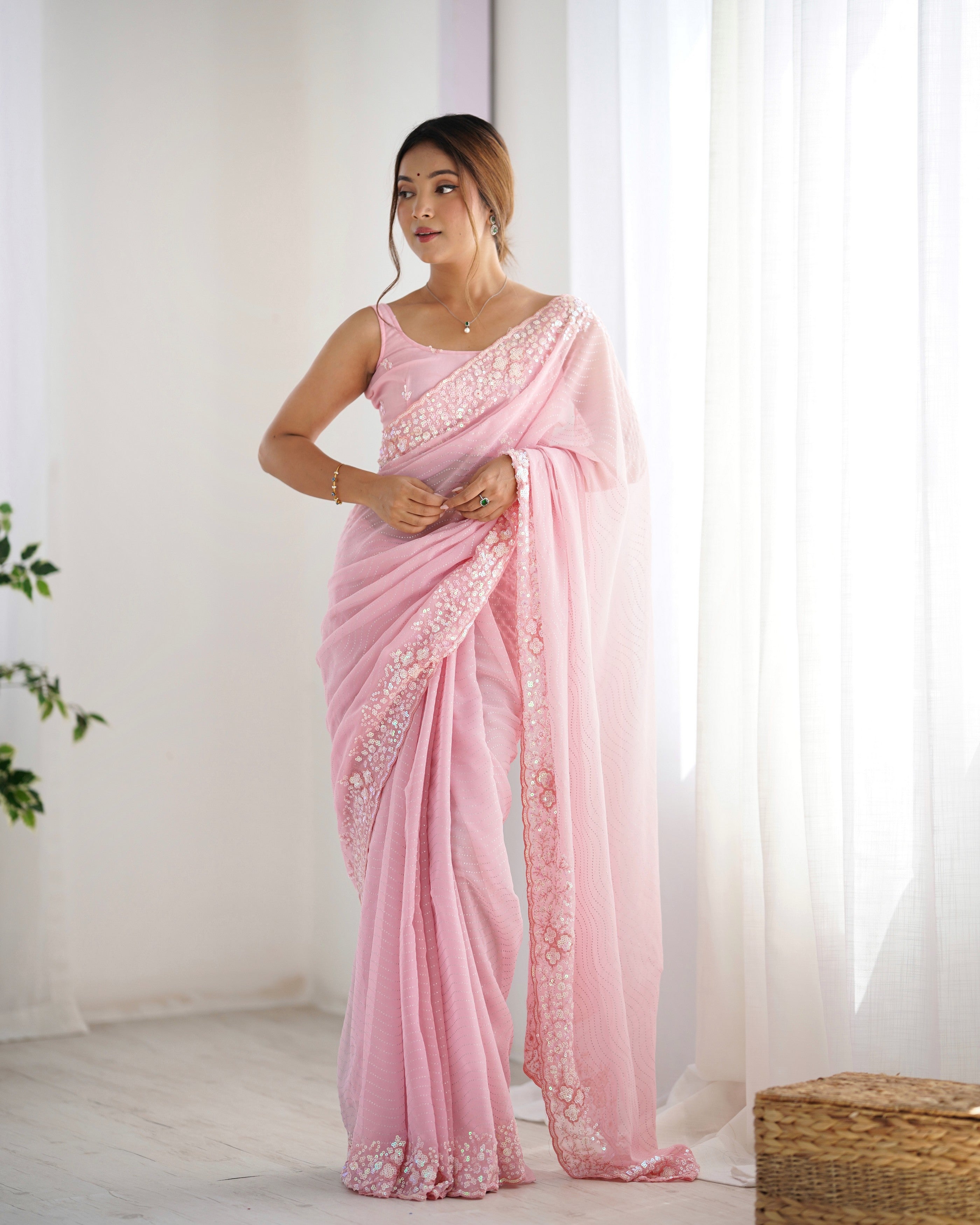 Pink Georgette Beautiful Partywear Embroidered Saree
