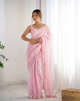 Pink Georgette Beautiful Partywear Embroidered Saree