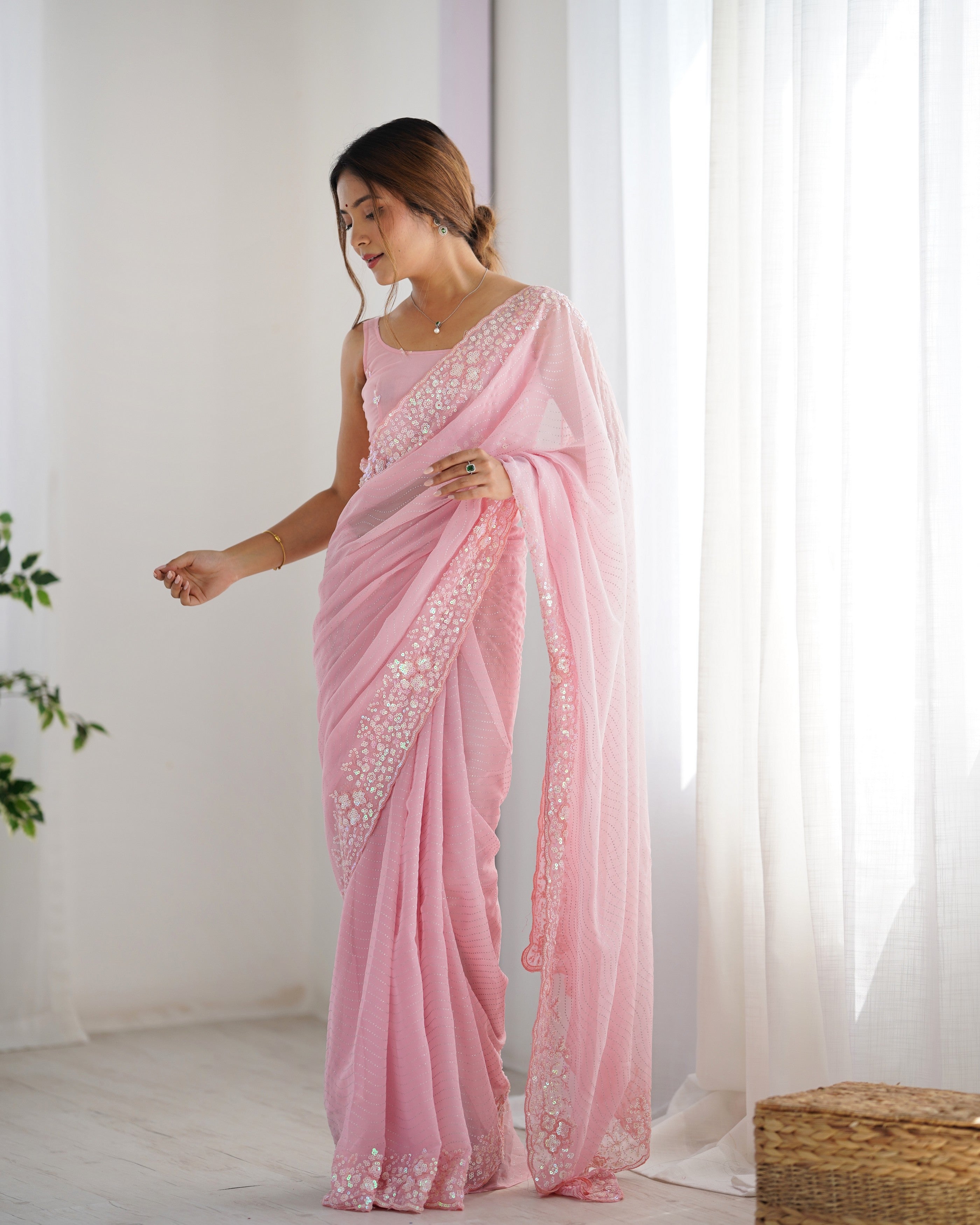 Pink Georgette Beautiful Partywear Embroidered Saree