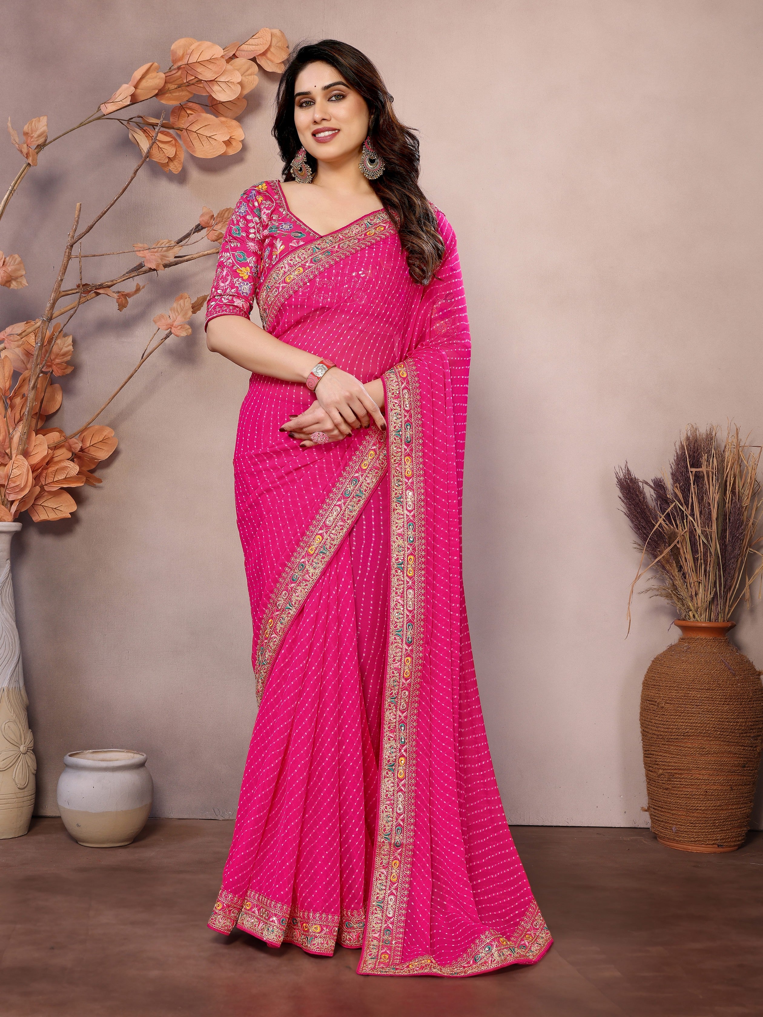 Pink Georgette Designer Embroidered Traditional Leheria Saree