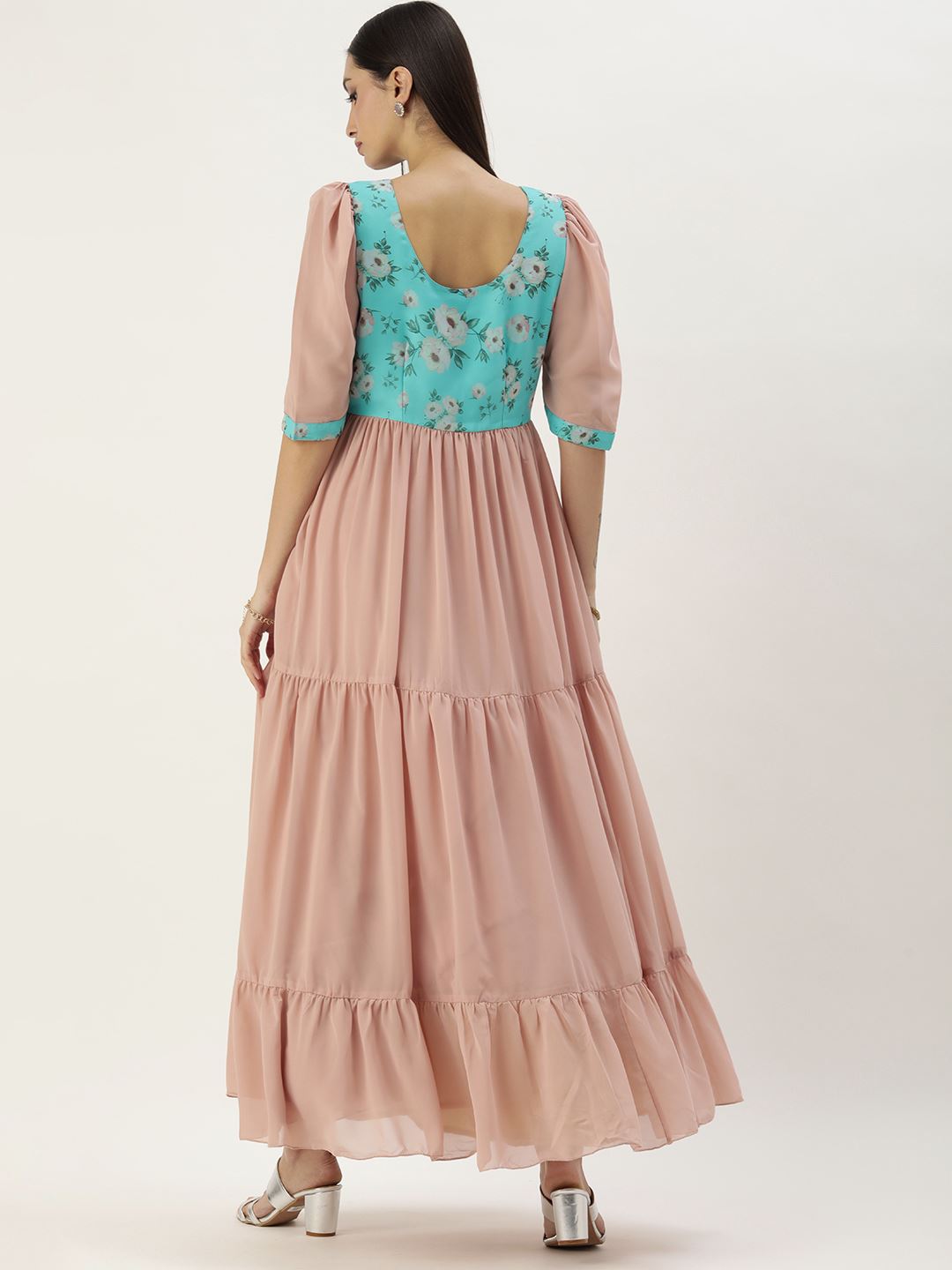 Pink Georgette Dress & Gown with Plain with Floral Print