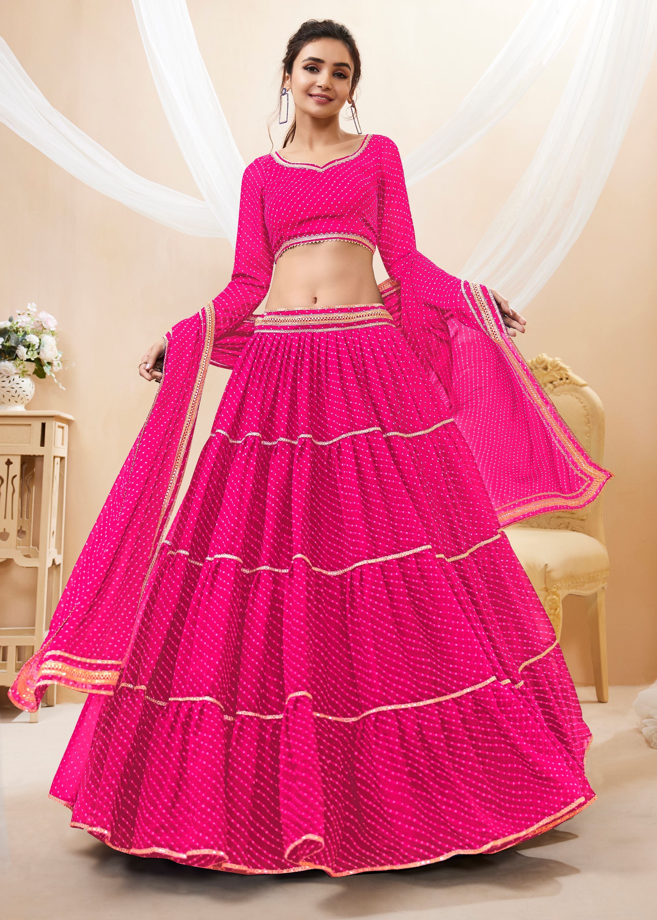 Pink Georgette Lehenga Choli With Georgette Leheriya Printed with lace all over work