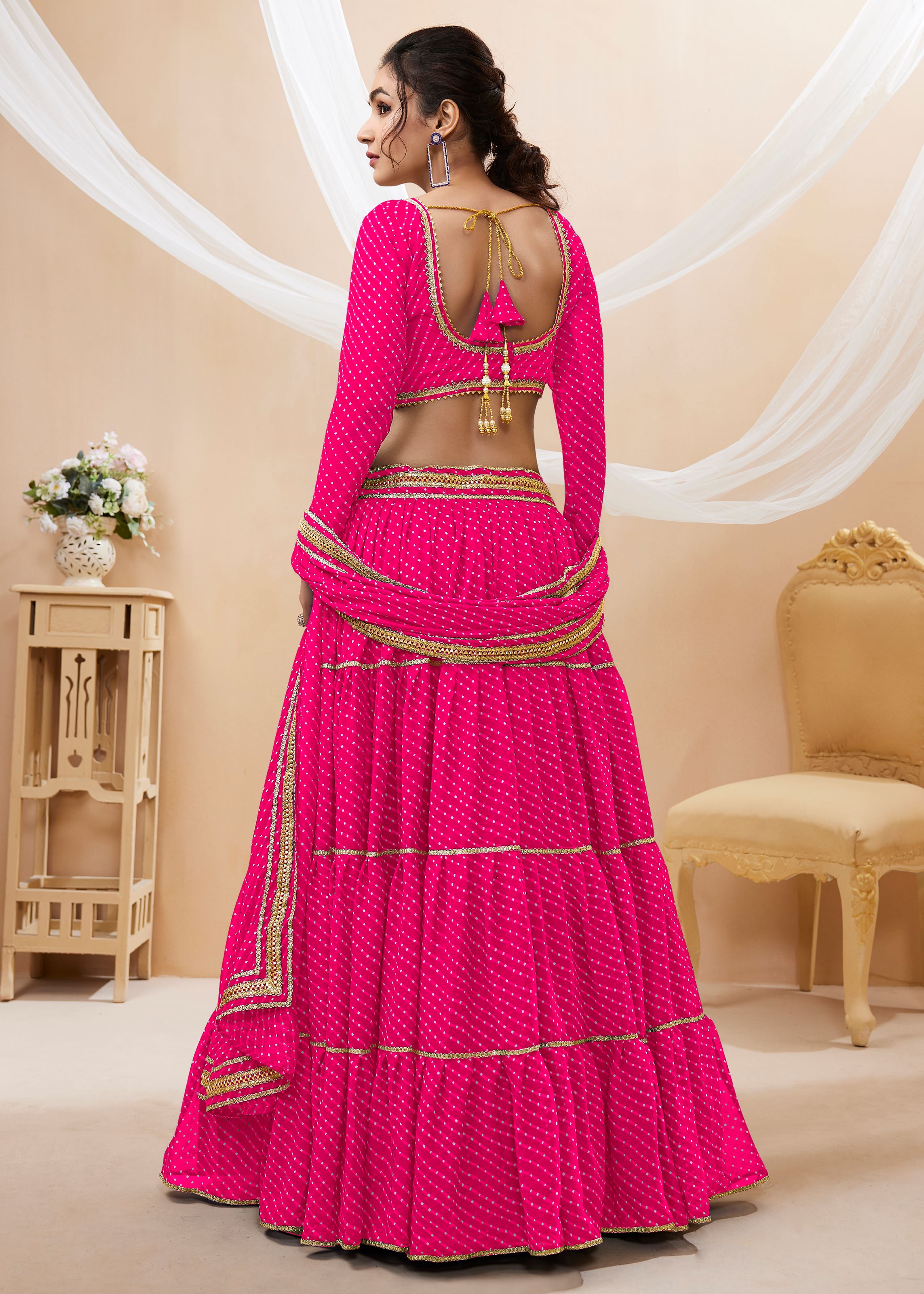 Pink Georgette Lehenga Choli With Georgette Leheriya Printed with lace all over work