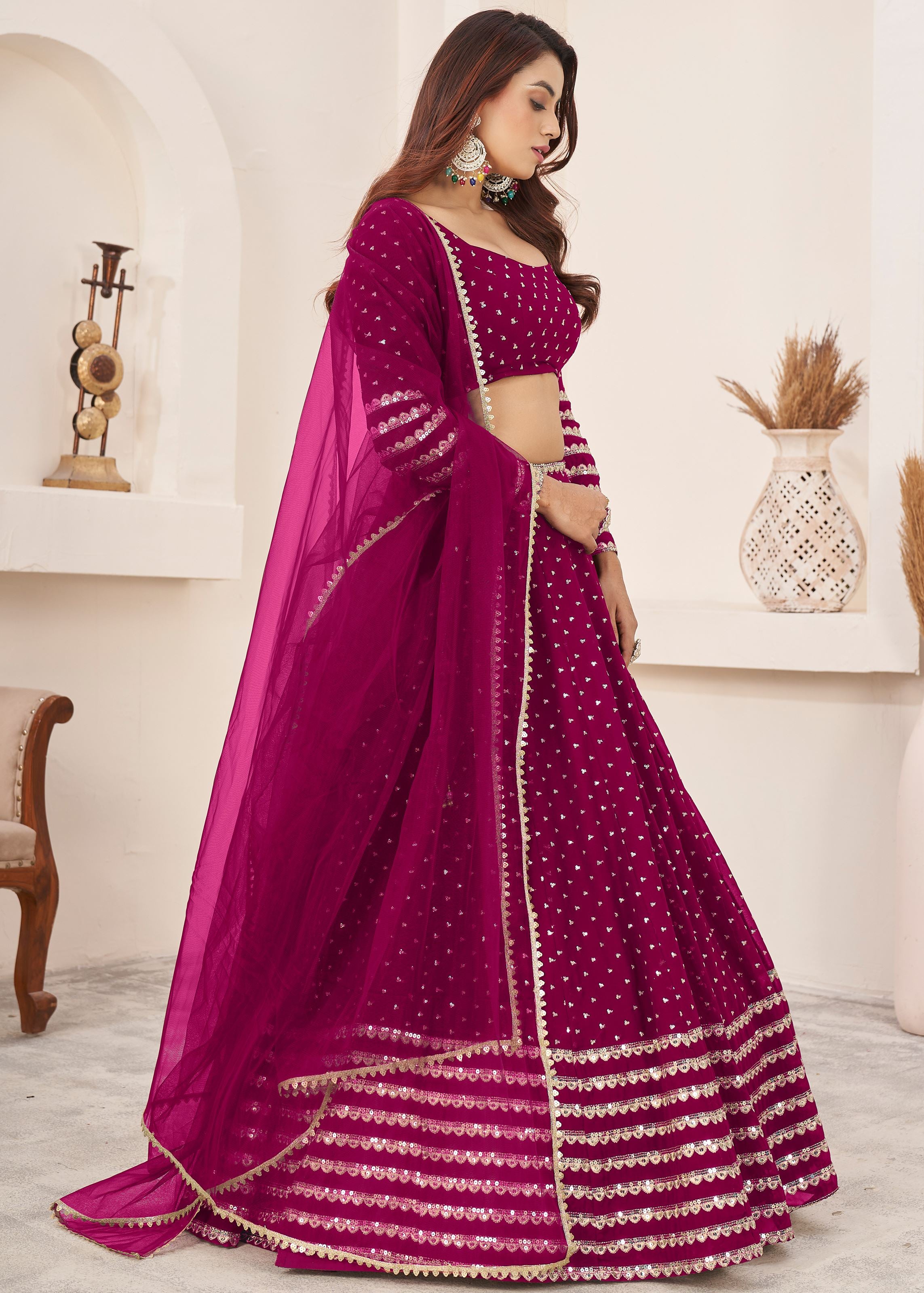 Pink Georgette Lehenga Choli With Sequins Zari Embroidered Work