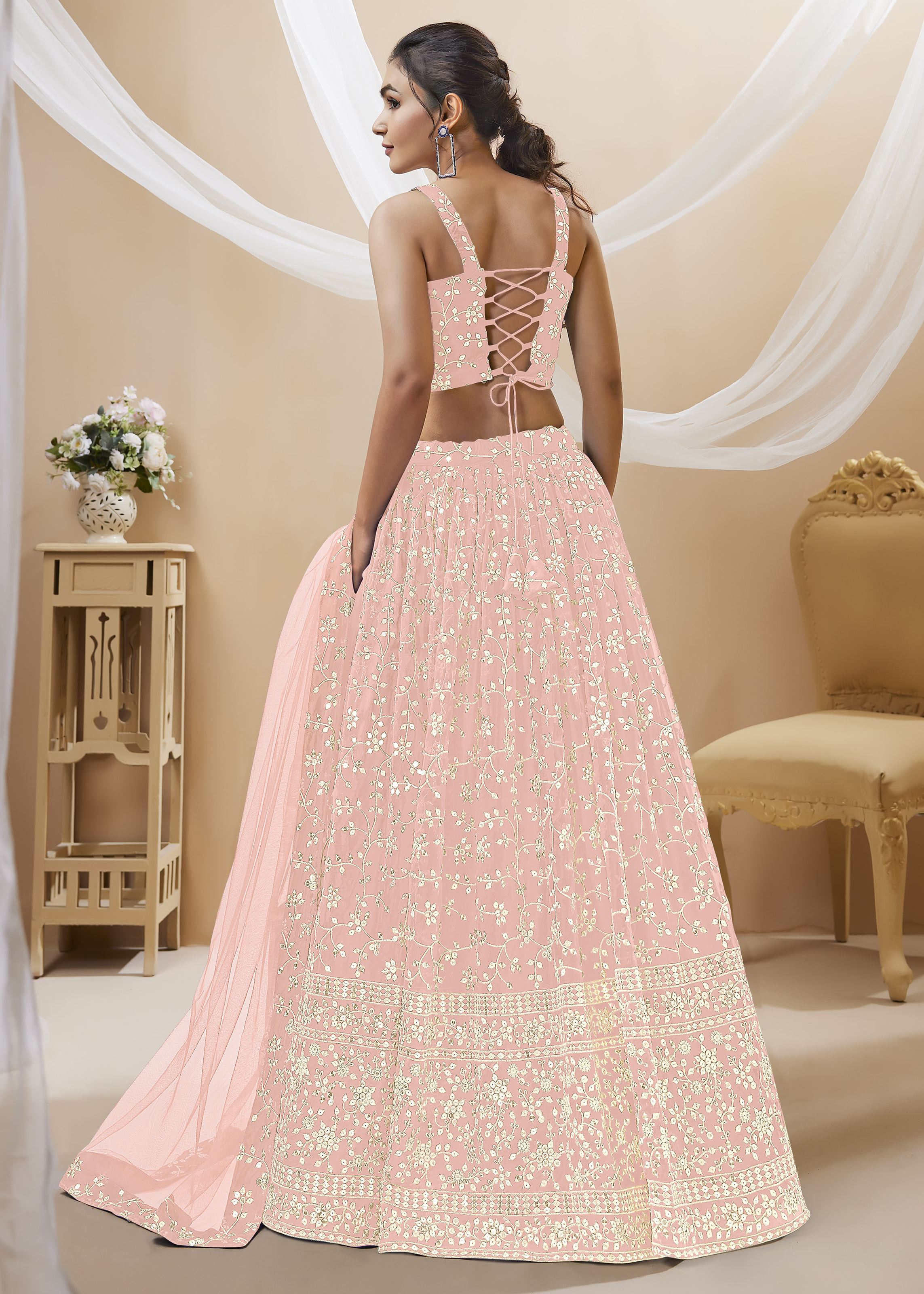 Pink Georgette Lehenga Choli With Sequins Zari Embroidered Work