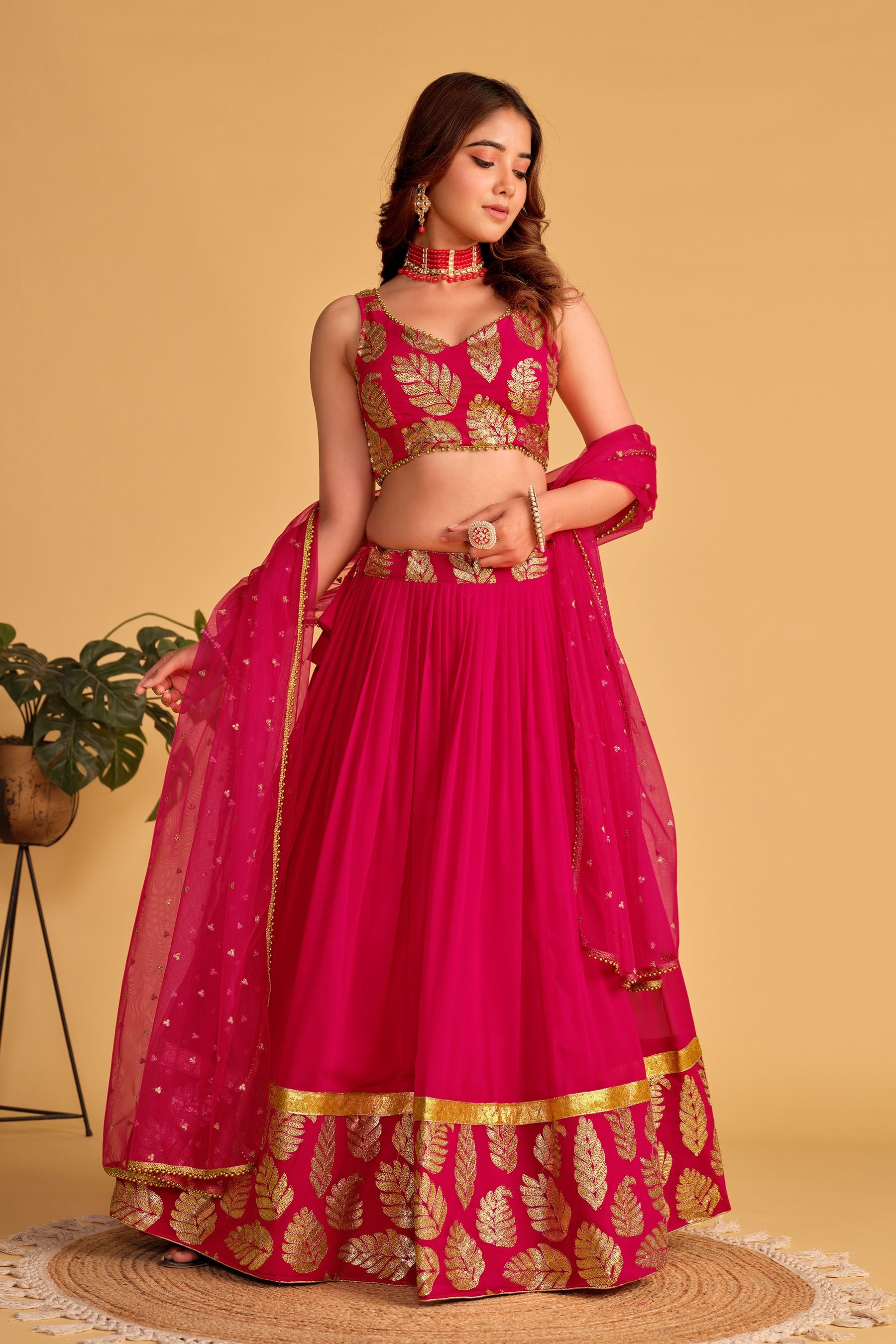 Pink Georgette Lehenga Choli With Sequins Zari Embroidered Work